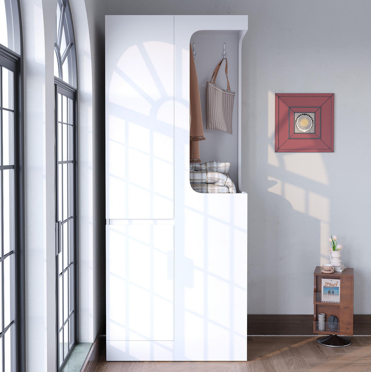 ŠATNÍ skříň z borovice a dřevěných desek 70x40x170 cm bílá/dekor dřeva s 1 dveřmi, 4 zásuvkami a otevřenou šatní částí - bílá, kompozitní dřevo (70/170/40cm) - Modfu