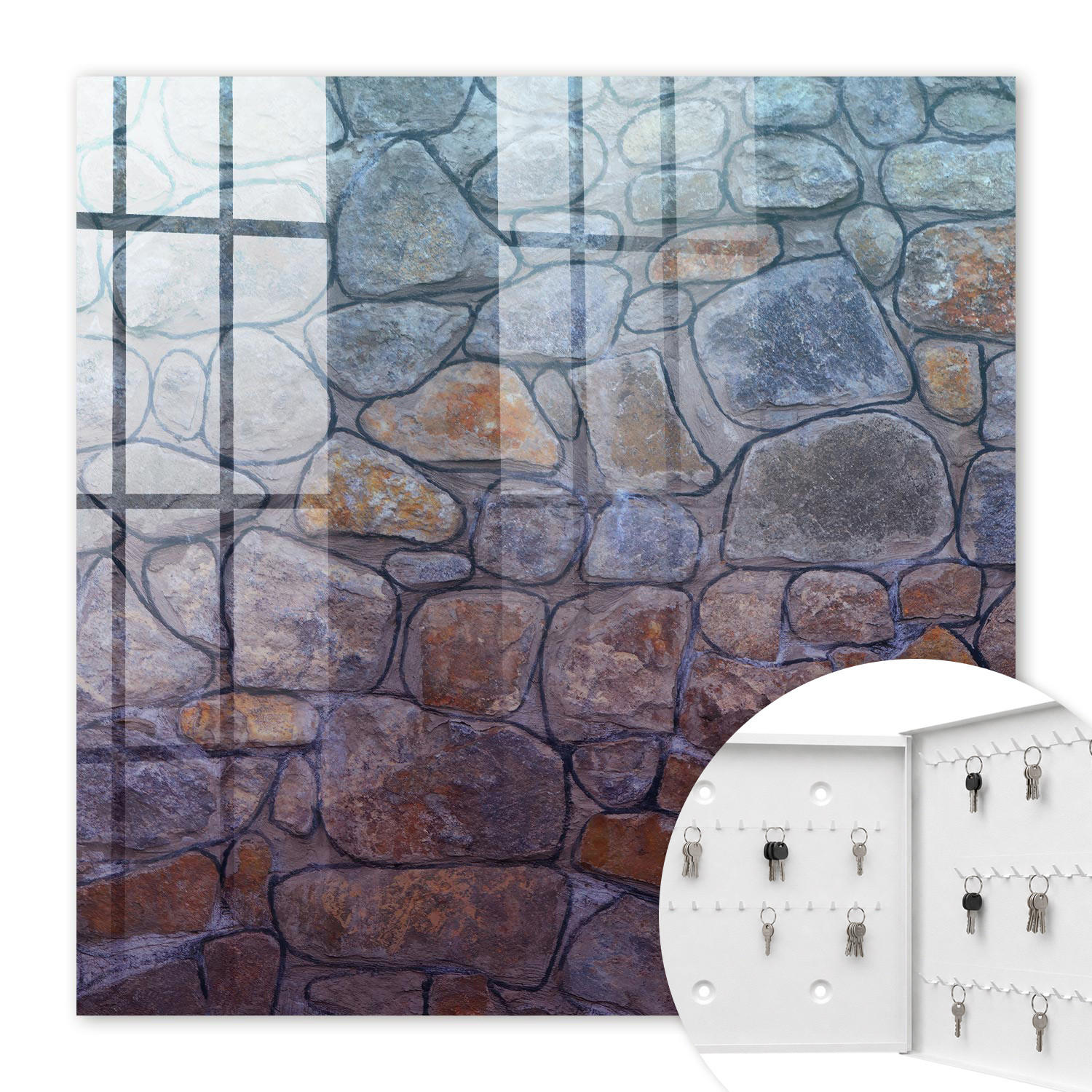SCHLÜSSELBOX Weiß 30x30 cm – Türöffnung nach rechts - Steintextur - Blaugrau, Metall (30/30/5cm) - TULUP