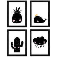 POSTER Set mit 4 von Cactus, Wal, Ananas und Wolke A3 Schwarzer Rahmen - Schwarz, Papier (29.7/3cm) - Nacnic