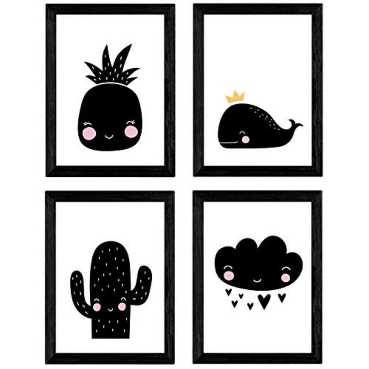 POSTER Set mit 4 von Cactus, Wal, Ananas und Wolke A3 Schwarzer Rahmen - Schwarz, Papier (29.7/3cm) - Nacnic