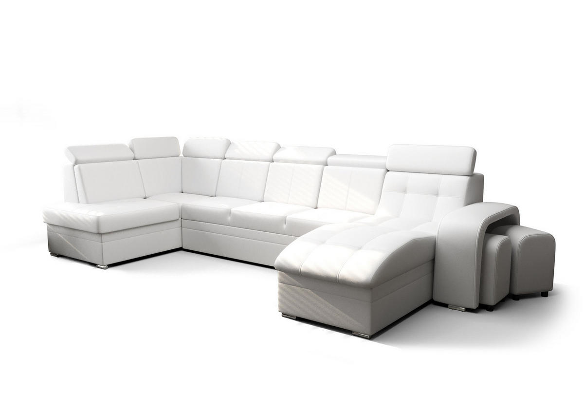 WOHNLANDSCHAFT KONGO RBN13, Eckcouch in U-Form mit Schlaffunktion, Farbe: Weiß, Kunstleder, Ottomane Rechts - Weiß, Textil (392/108/180cm) - O-Sofa