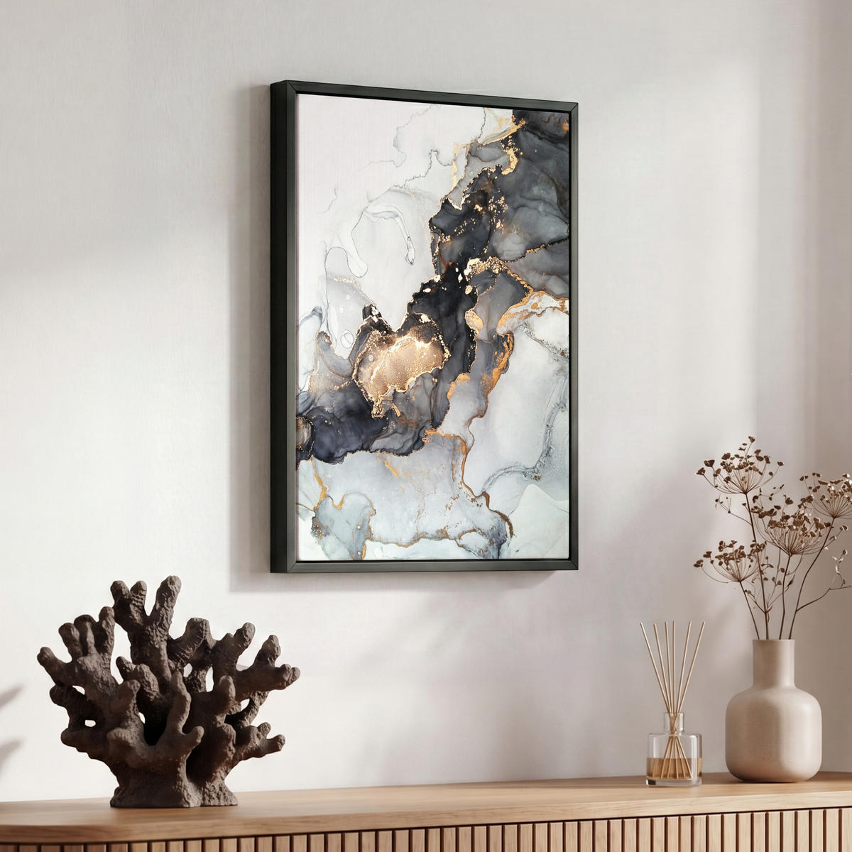 LEINWAND Bilder mit Rahmen - Marmor - Schwarz - Weiß - Gold - Luxus - Abstrakt - 30x40 - Goldfarben, Textil (30/40cm) - MuchoWow