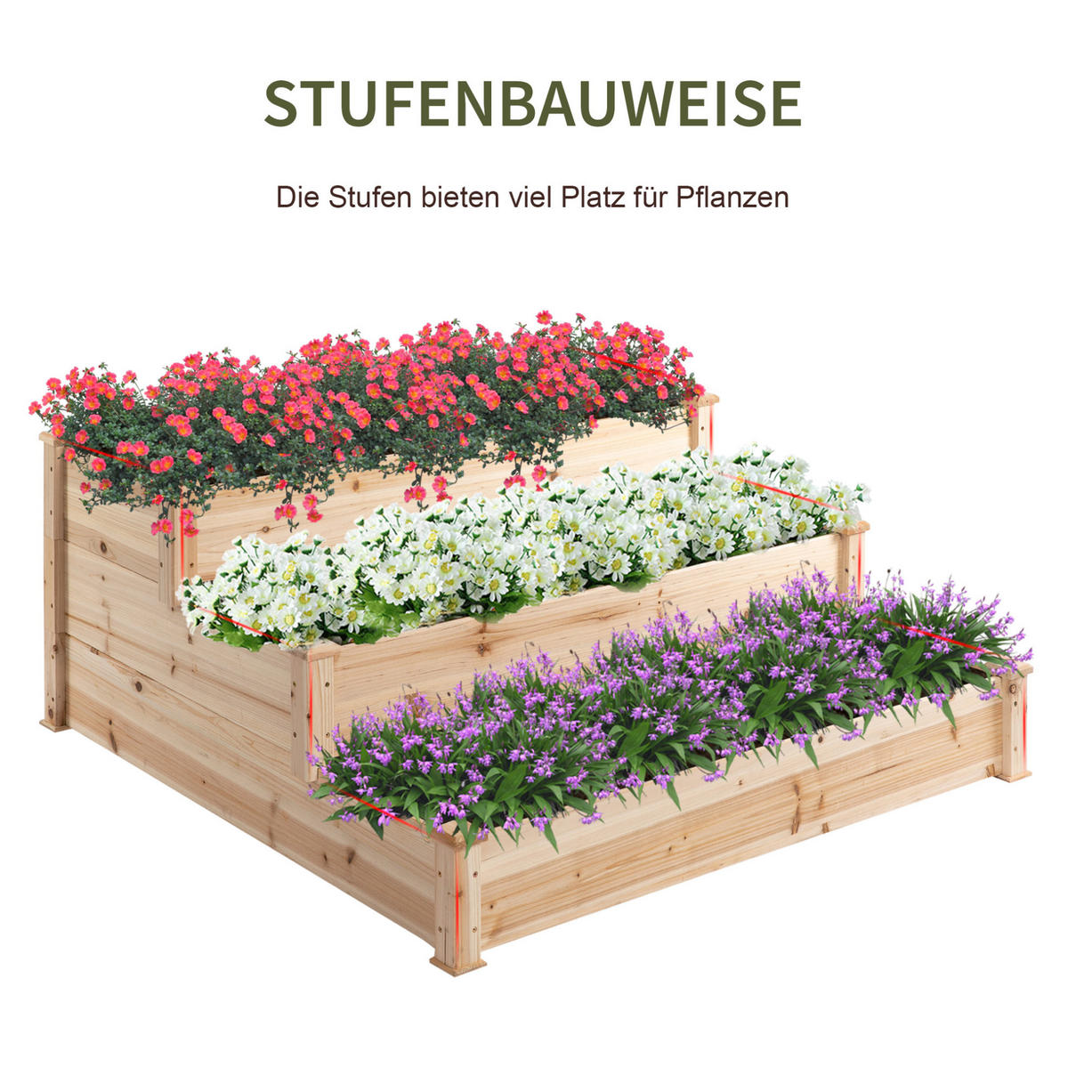 BLUMENKASTEN aus Holz 120x120x56 cm in Natur mit 3 Ebenen - Naturfarben, Holz (120/56/120cm) - Modfu