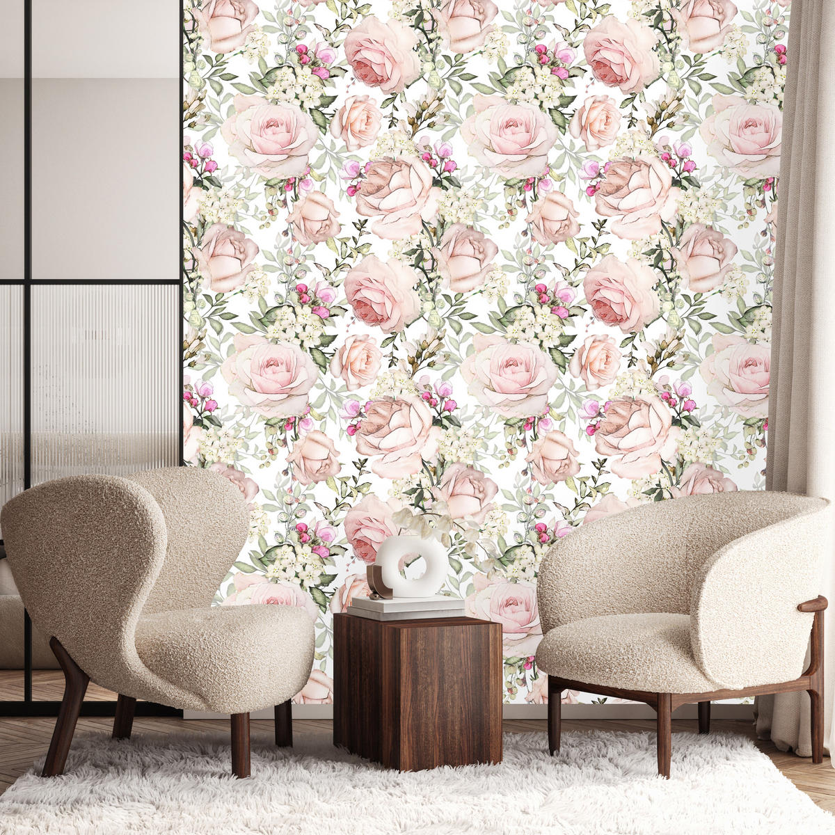 VLIESTAPETE Rosen und Blätter – Rosa, Grün, Weiß – 50x1000 cm - Rosa/Weiß, Papier (50/1000cm) - Muralo