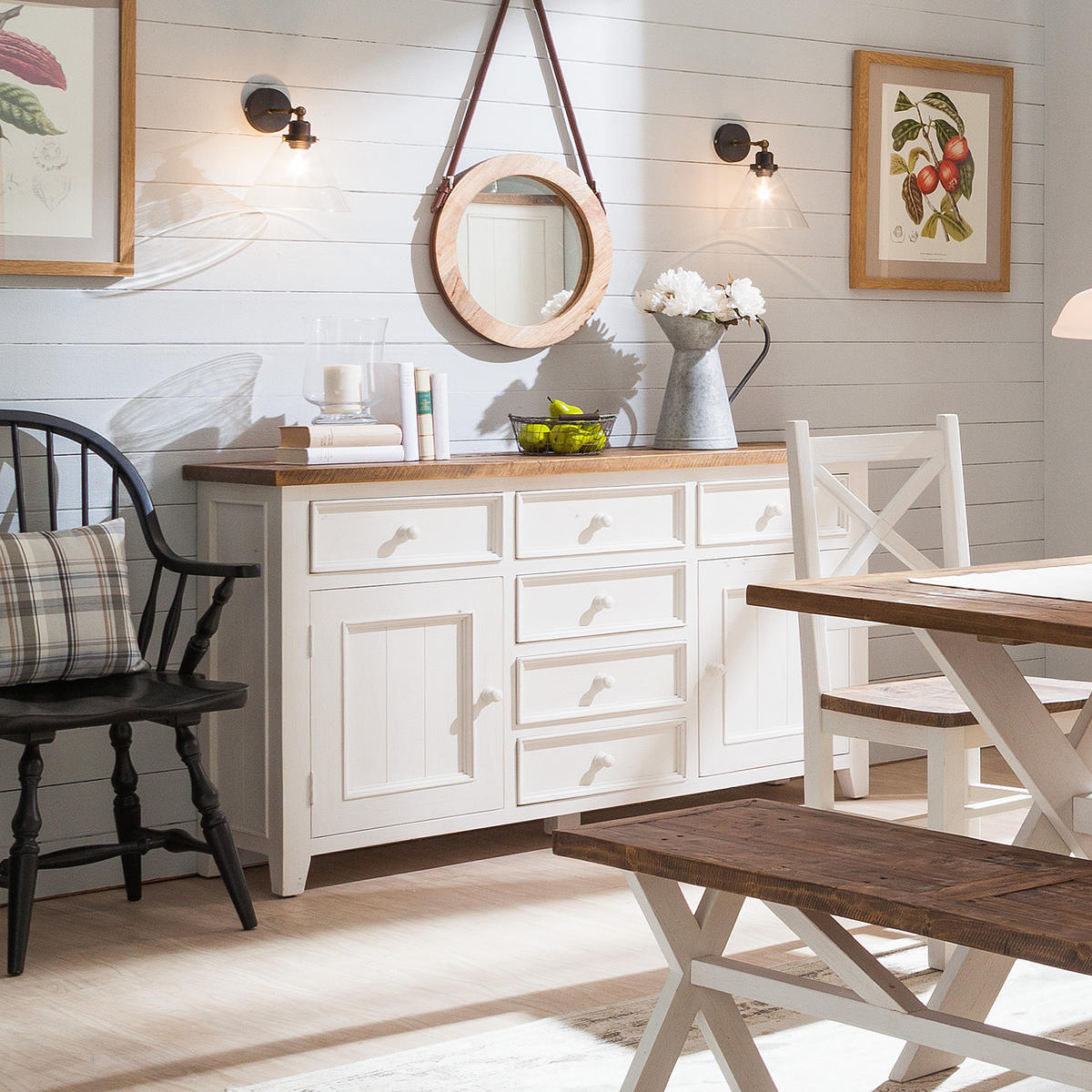 SIDEBOARD - Kiefer massiv - Weiß/Kieferfarben, Holz (159/90/40cm) - home24