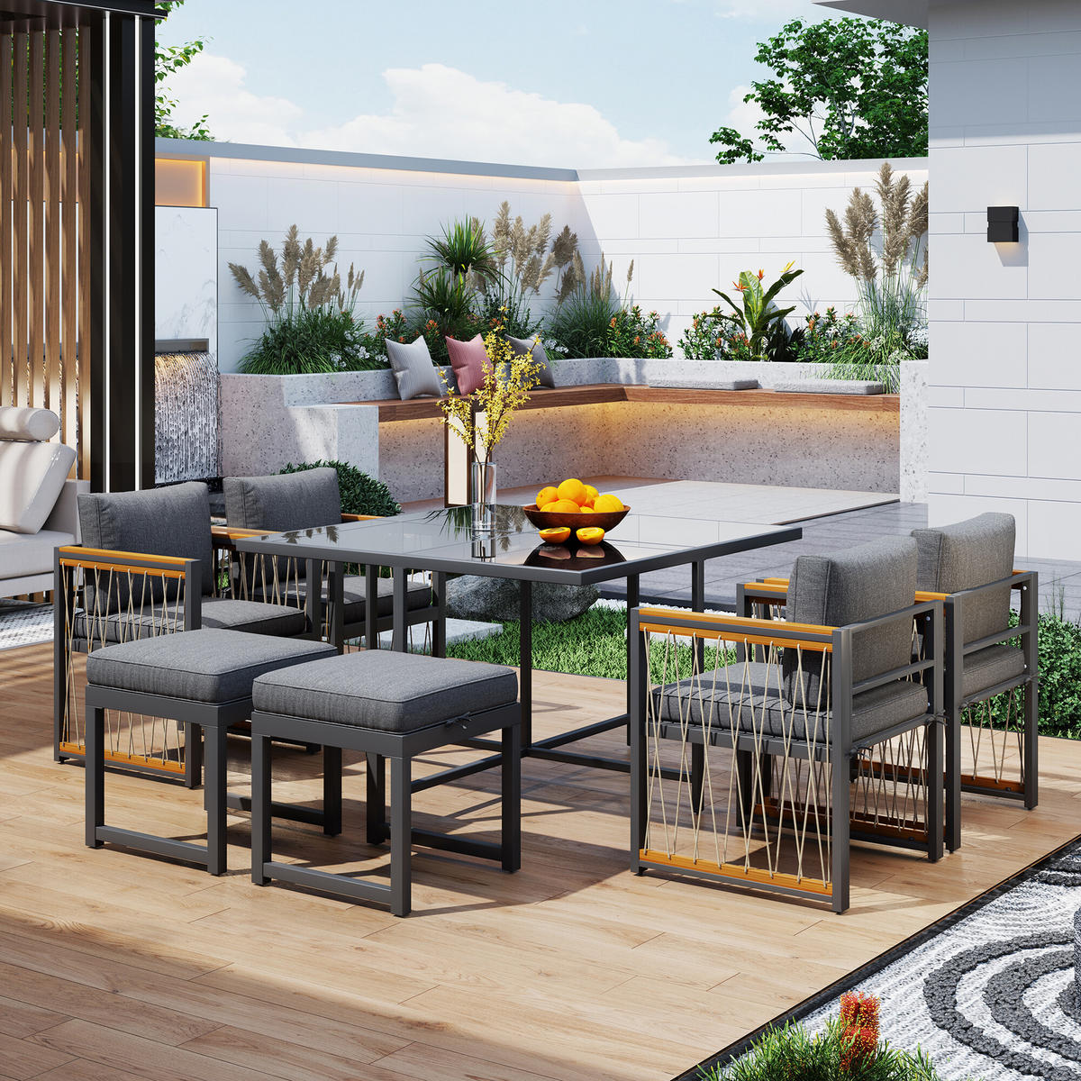 GARTENMÖBEL-SETS mit Sitzkissen 7-teilig - Grau, Glas/Metall - Urban Meuble
