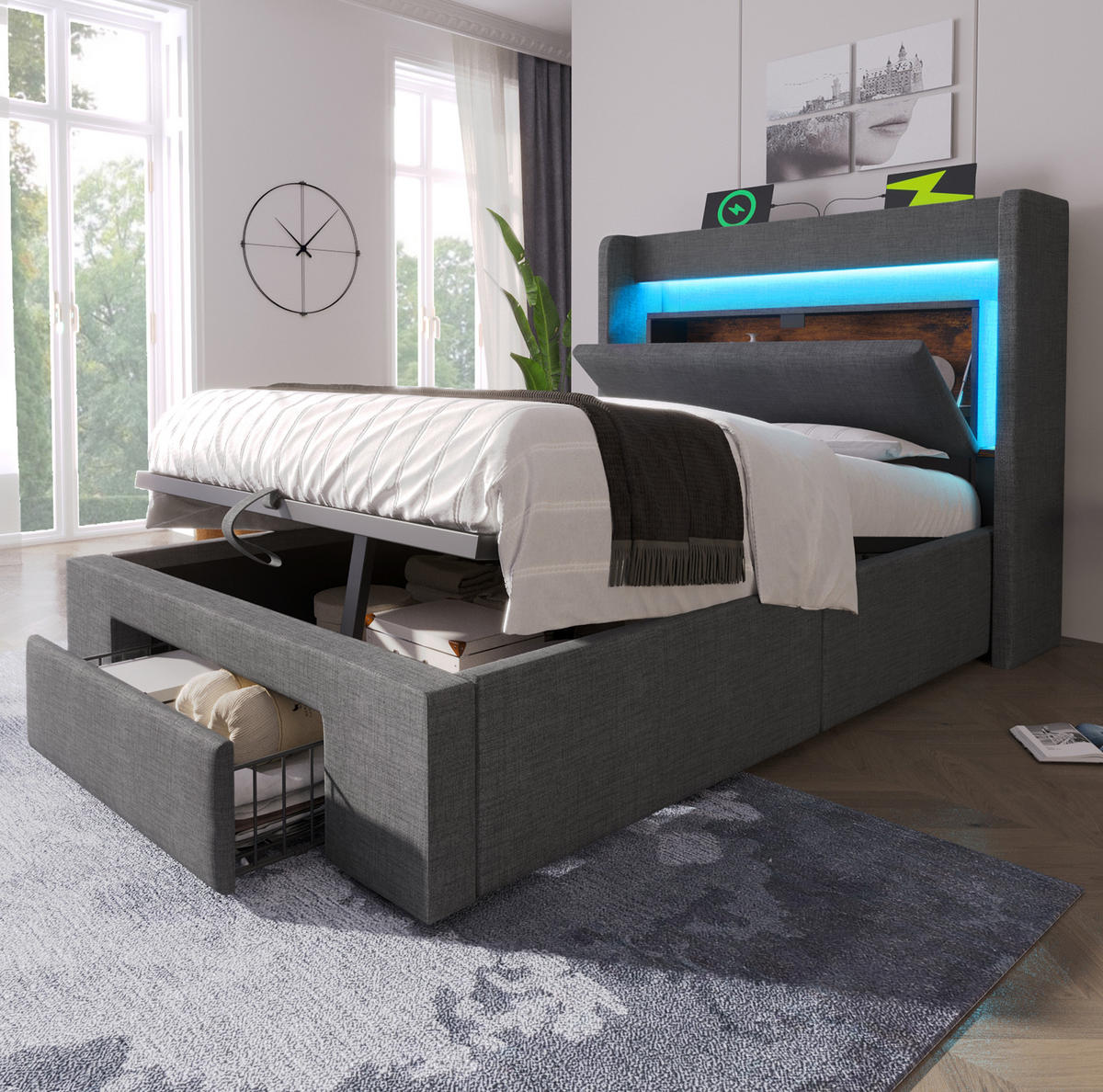 POLSTERBETT 90/200 cm Grau mit Stauraum, LED-Beleuchtung und USB- und Type-C-Anschlüssen - Grau, Textil (90/200cm) - Flora Grace