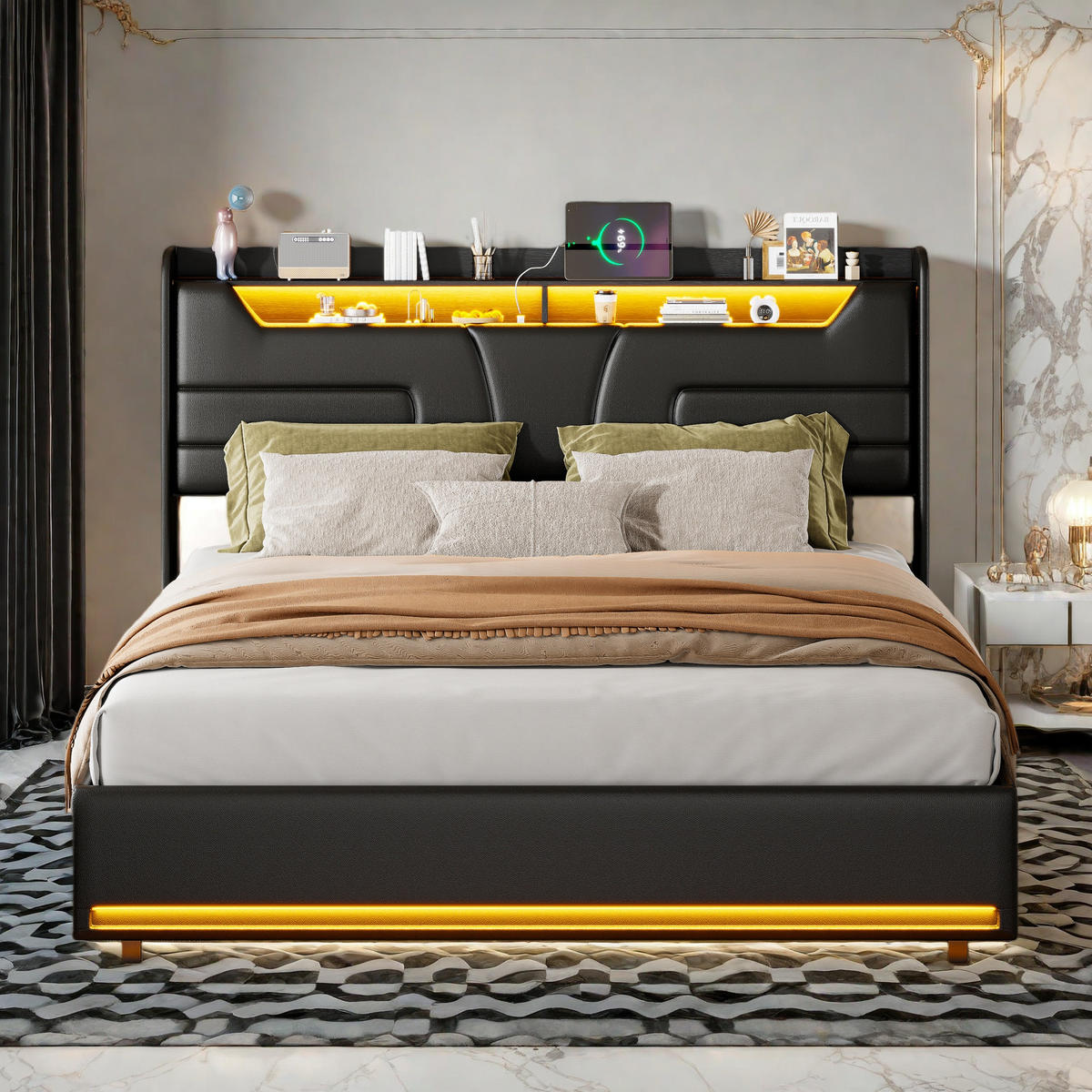 POLSTERBETT 160x200 cm LED USB Hydraulik Stauraum Lattenrost PU schwarz - Schwarz, Holz (160/200cm) - LEBENLANG