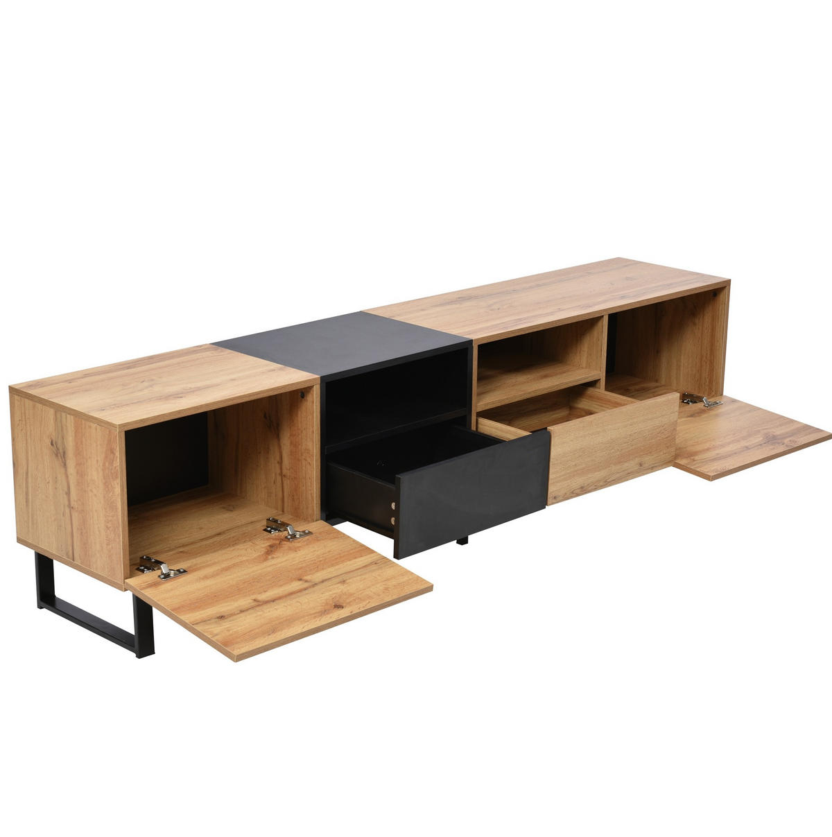 TV stalak 190/38/48 cm crni i boja prirodnog drva od MDF-a s 2 vrata i 2 ladice - prirodne boje, drvni materijal (190/48/38cm) - OKWISH
