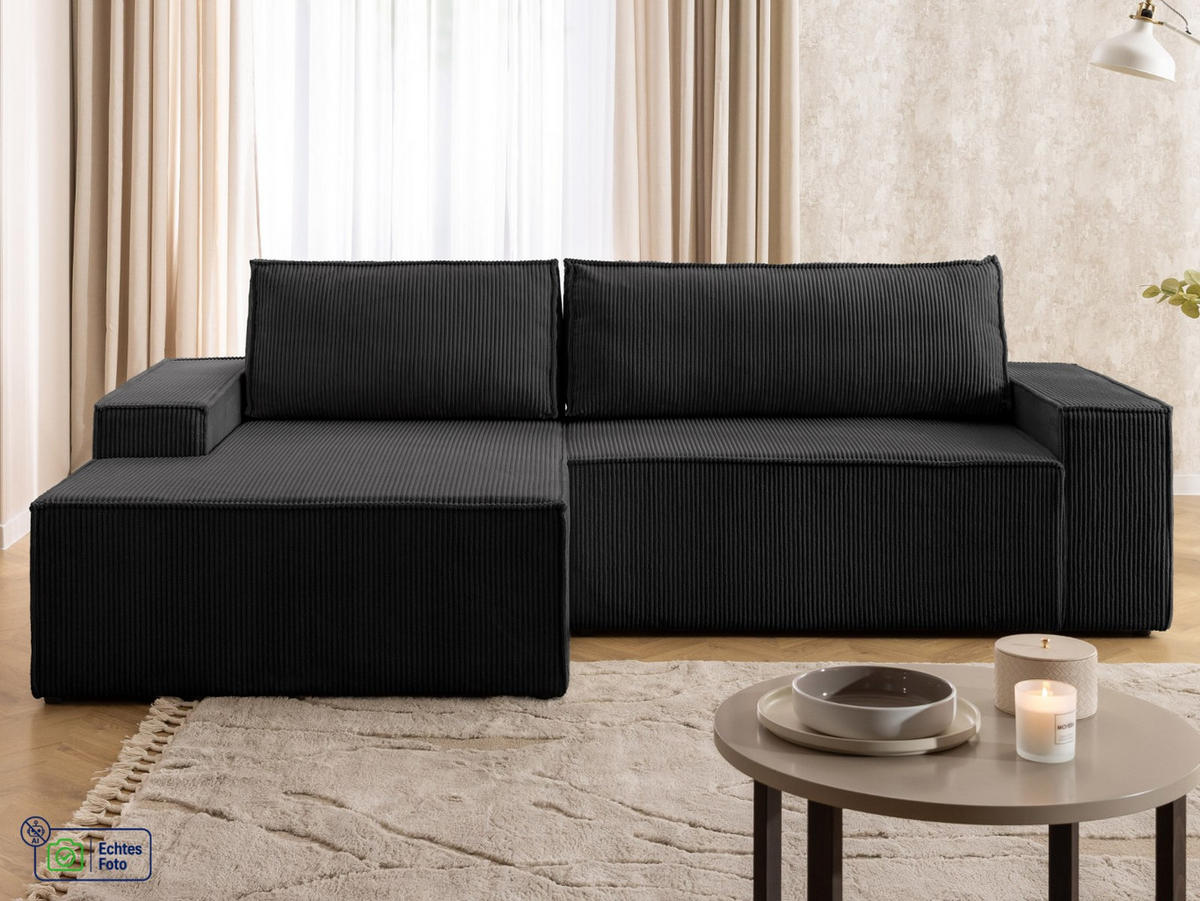 ECKSOFA Rivio mit Schlaffunktion und Bettkasten, Cordstoff Schwarz - Schwarz, Holz/Kunststoff (149/262cm) - S-Style