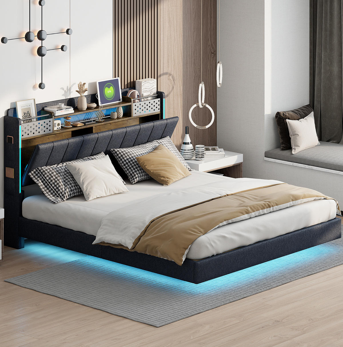ČALÚNENÁ posteľ 160/200 cm s LED osvetlením, USB nabíjaním a úložným čelom, Sivá - sivá, textil (160/200cm) - Redom