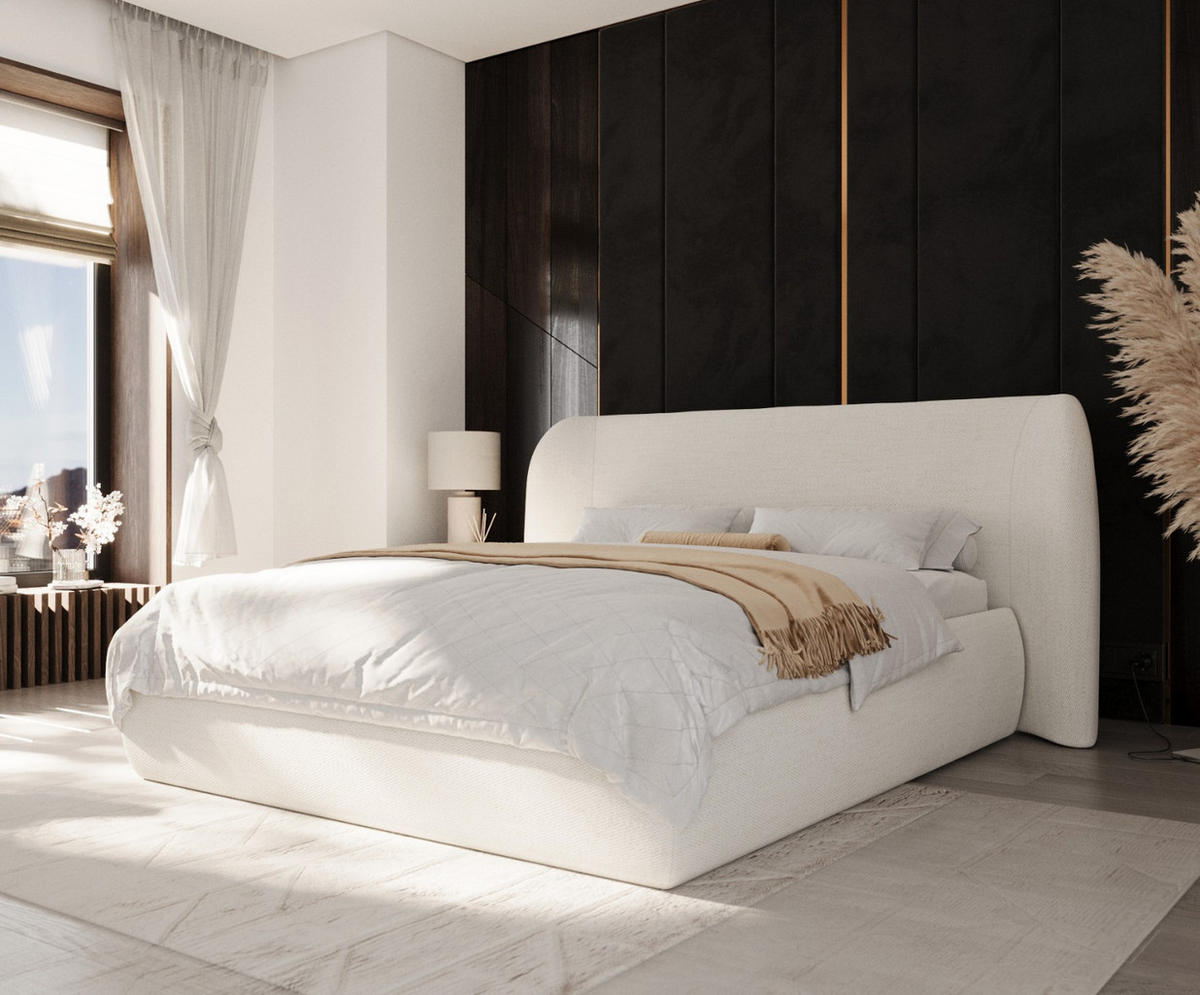 POLSTERBETT Bellano mit Stauraum 200/200 cm Creme im Modesto Stoff - Creme/Schwarz, Holz/Holzwerkstoff (200/200cm) - AltaBeds