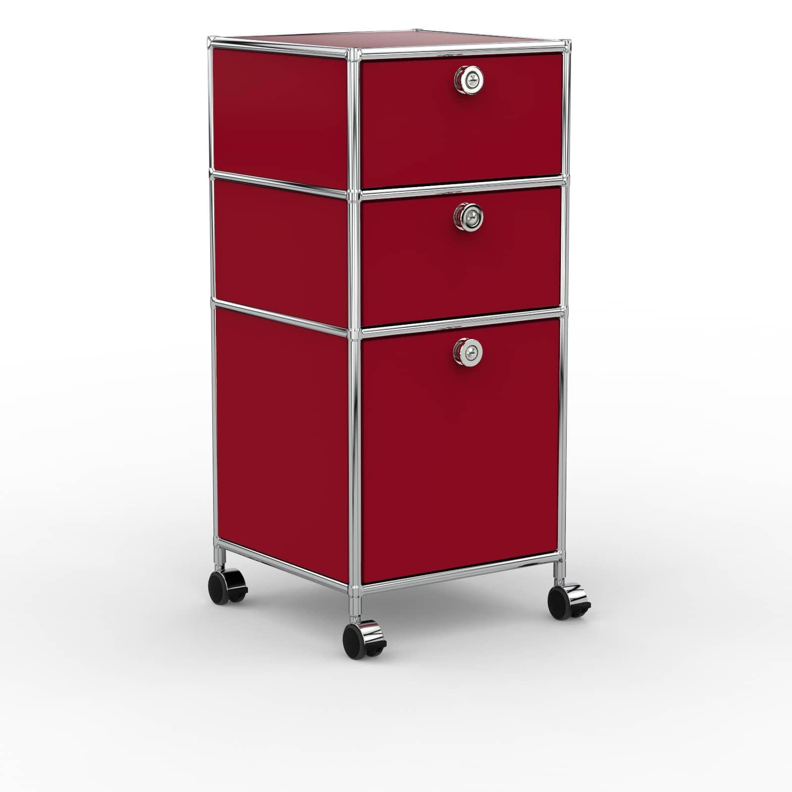 BÜRO-ROLLCONTAINER, Metall, 40 cm, 2 Schubladen + 1 hohe Schublade, Rubinrot - Chromfarben/Silberfarben, Metall (40/87.9/39.7cm) - Versee