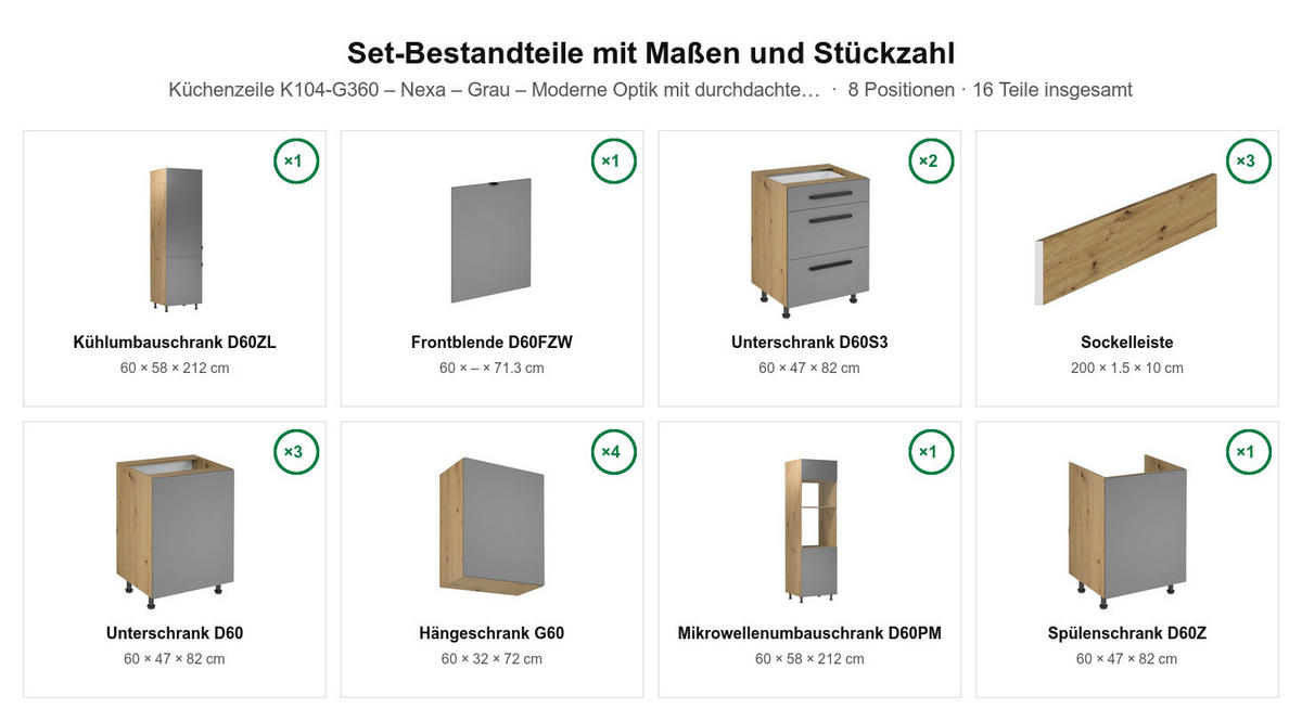 INSELKÜCHE Nexa Grau – 360 cm + Insel 180 cm – K104-G360 - Schwarz/Grau, Holzwerkstoff/Metall (360/210/60cm) - ROYAL24_MARKT