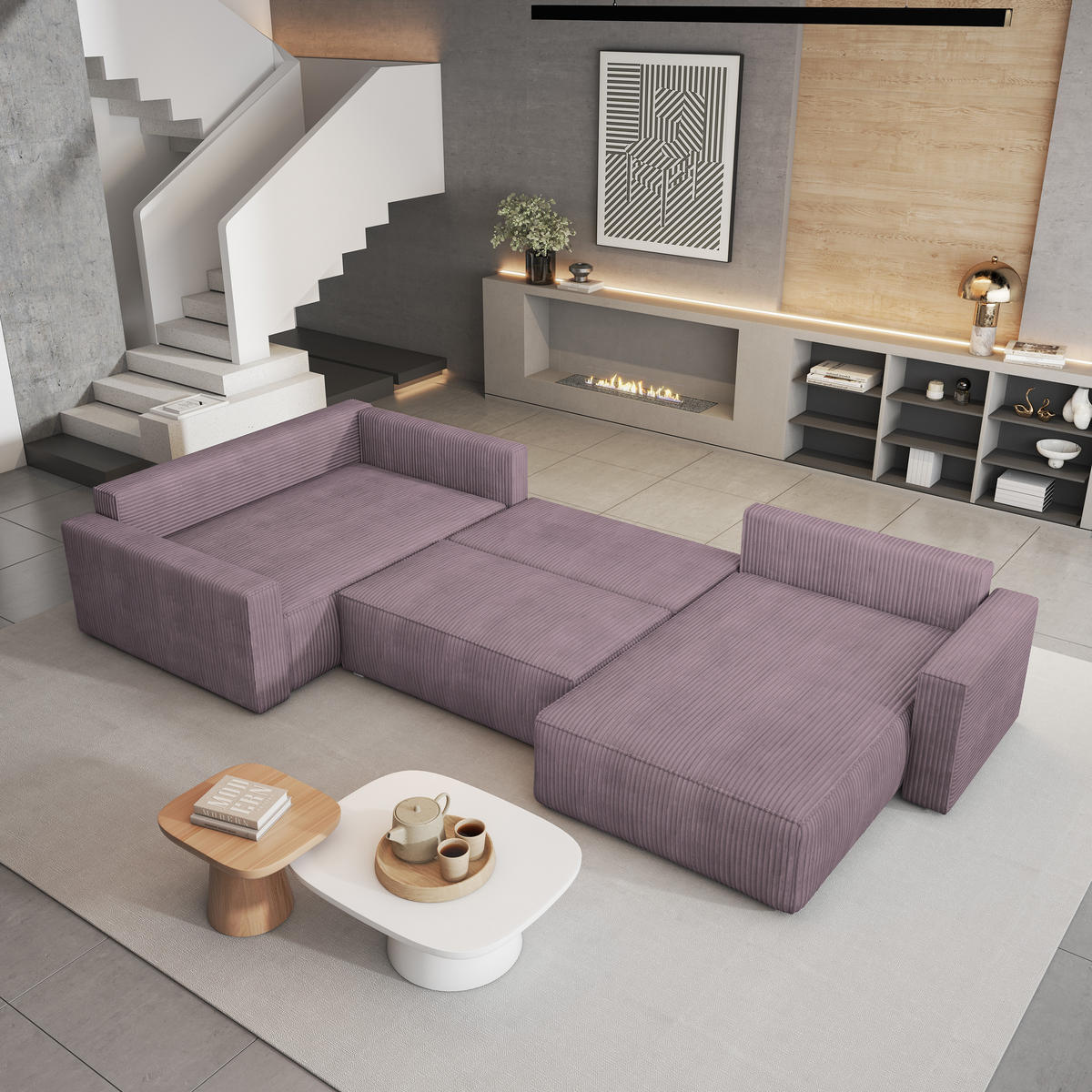 WOHNLANDSCHAFT VELAMI L-S Lila Kordstoff mit Schlaffunktion - Lila, Holz (365/83/194cm) - MASSENO