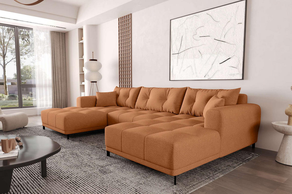 WOHNLANDSCHAFT Strukturstoff Rostfarben inkl. Schlaffunktion - Rostfarben/Schwarz, Textil/Metall (348/94/181cm) - 99rooms