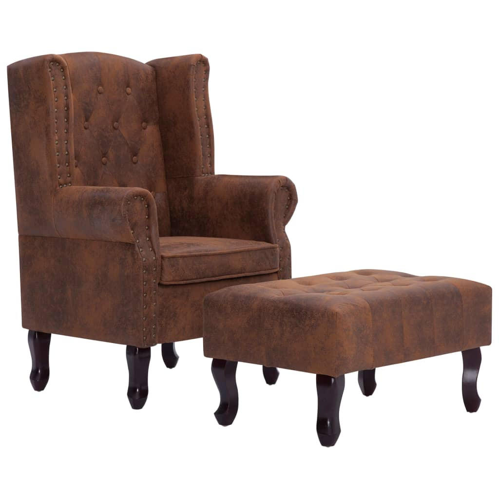 CHESTERFIELD-SESSEL und Fußhocker Braun Wildleder-Optik - Braun, Textil (78/108/67cm) - furnicato
