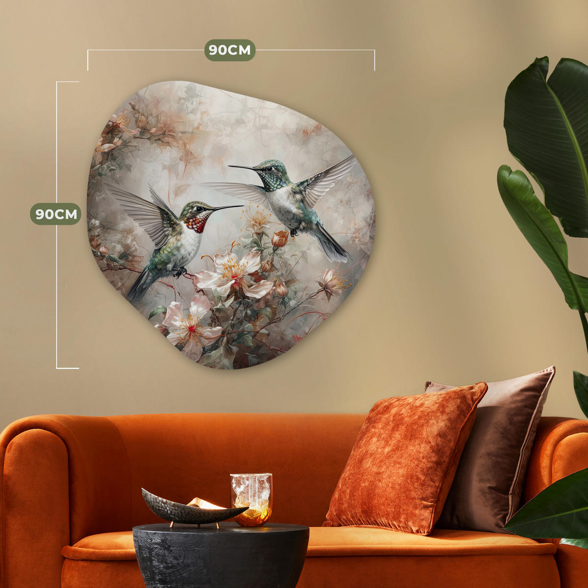 WANDBILD Kolibri - Vögel - Blumen - Pflanzen 90x90 cm - Hellgrün, Kunststoff (90/90cm) - MuchoWow
