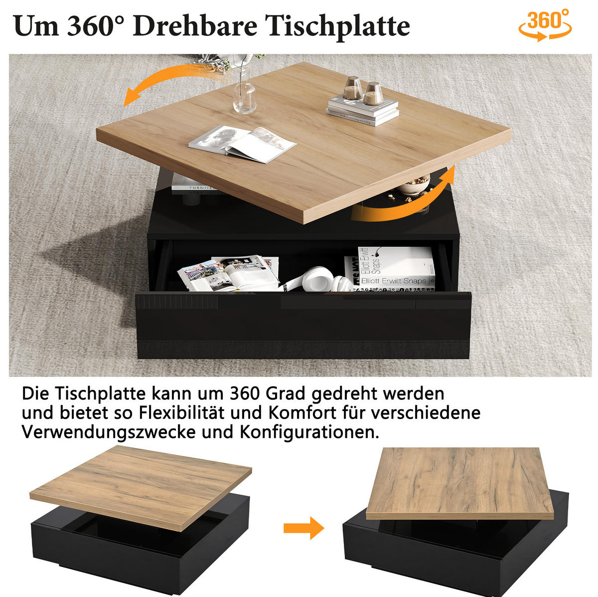 COUCHTISCH 70/70/36 cm mit 360° drehbarer Tischplatte, versteckter Schublade und Hochglanz-Elementen, Walnuss/Schwarz - Schwarz, Holzwerkstoff (70/70/36cm) - Modfu