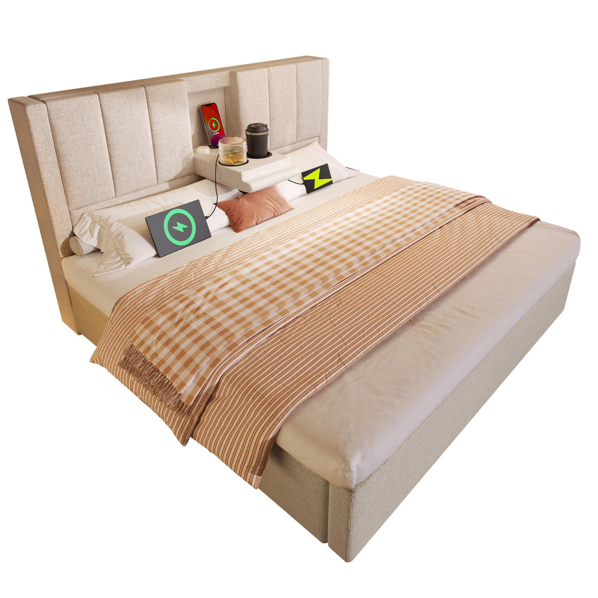 POLSTERBETT 160/200 cm aus Leinen mit Stauraum und Ladestation mit verstecktem Becherhalter Beige - Beige, Textil (160/200cm) - Modenvie