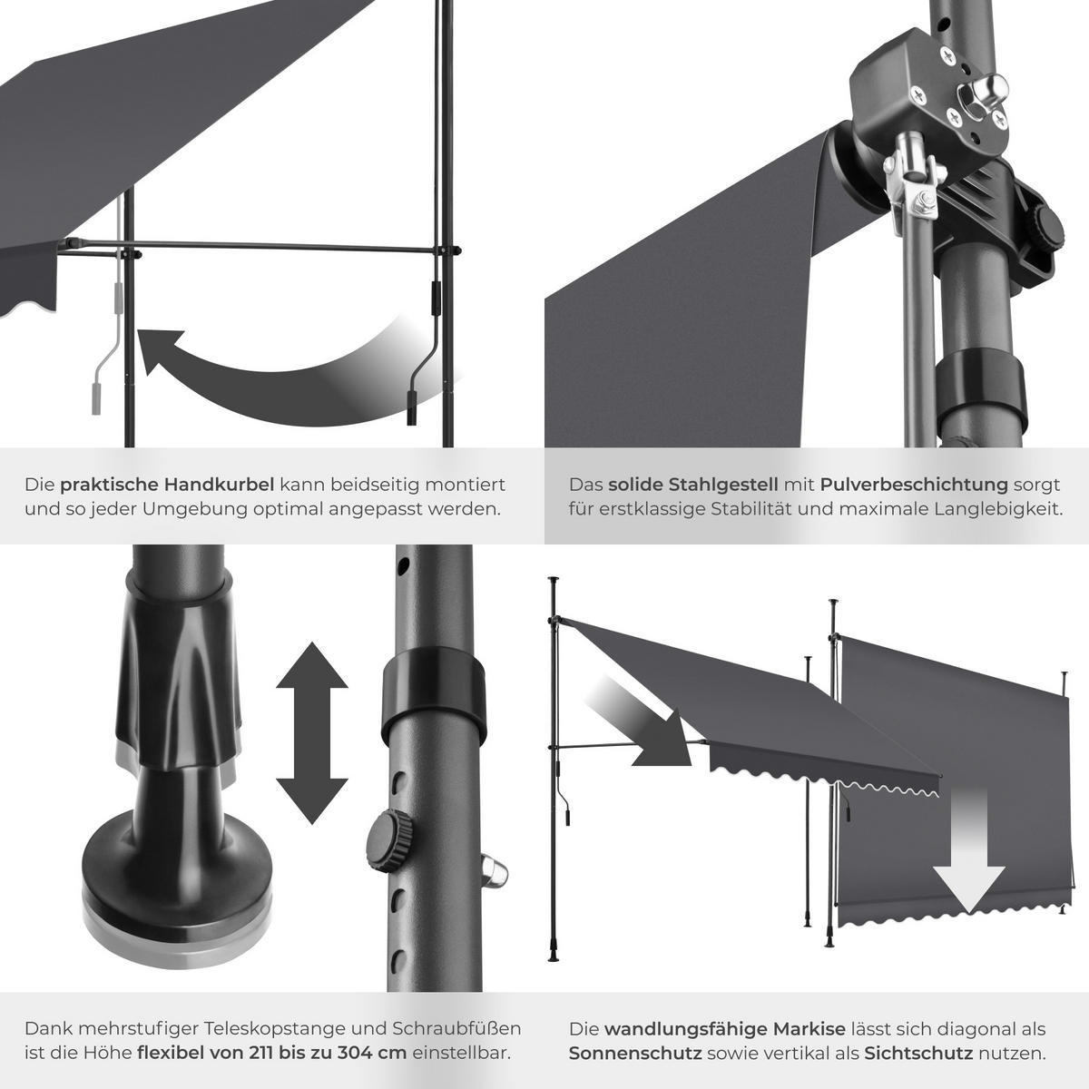KLEMMMARKISE ,einfache Montage,schwarz/grau - Schwarz/Grau, Kunststoff (300/304/180cm) - tectake