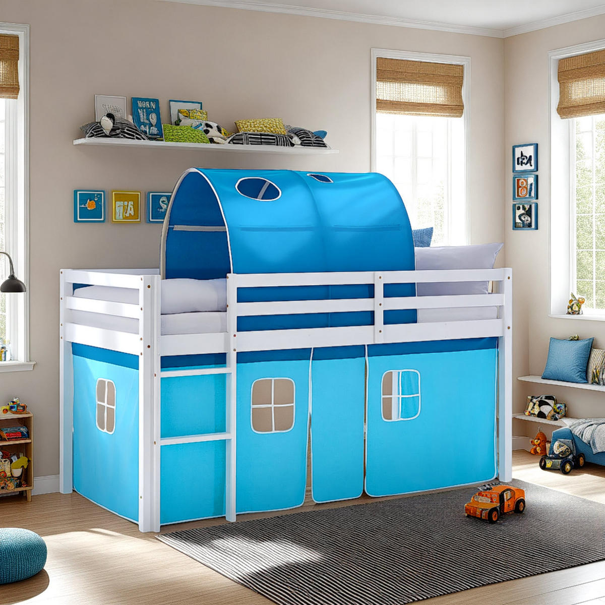 HOCHBETT 90/200 cm in weiß mit Lattenrost + Tunnel blau - Blau/Weiß, Holz/Textil (90/200cm) - Homestyle4u