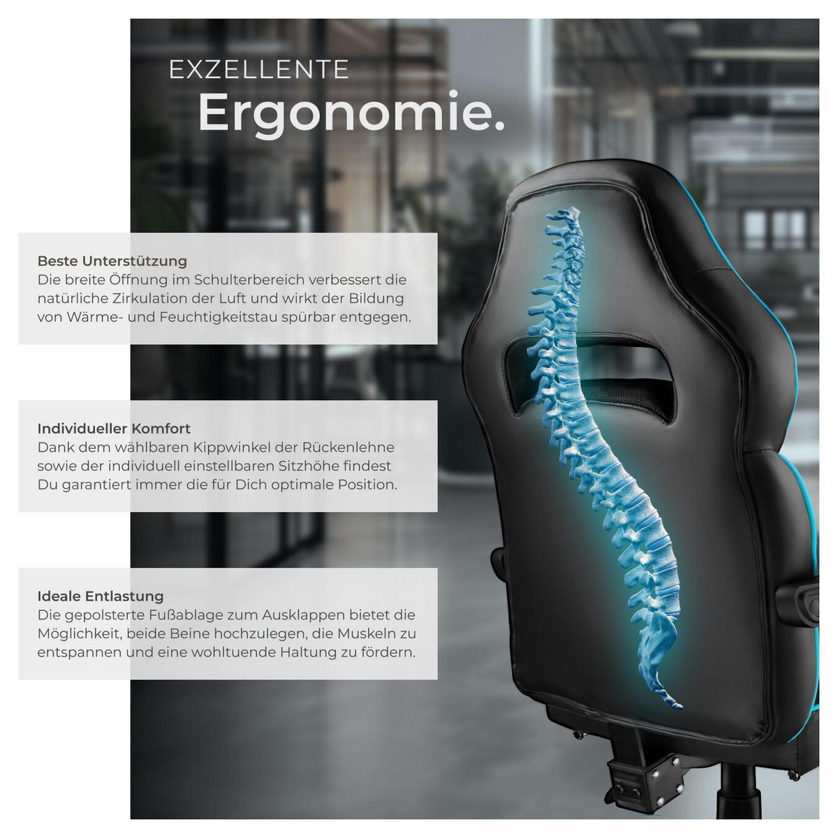 BÜROSTUHL Racing Comodo, Belastbarkeit 120 kg,schwarz/azur - Schwarz/Hellblau, Textil (70/127.5/69cm) - tectake