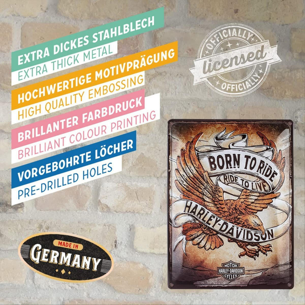 BLECHSCHILD 30/40 cm Harley-Davidson Born to Ride Eagle - Multicolor, Metall (30/40/0.2cm) - Nostalgic-Art