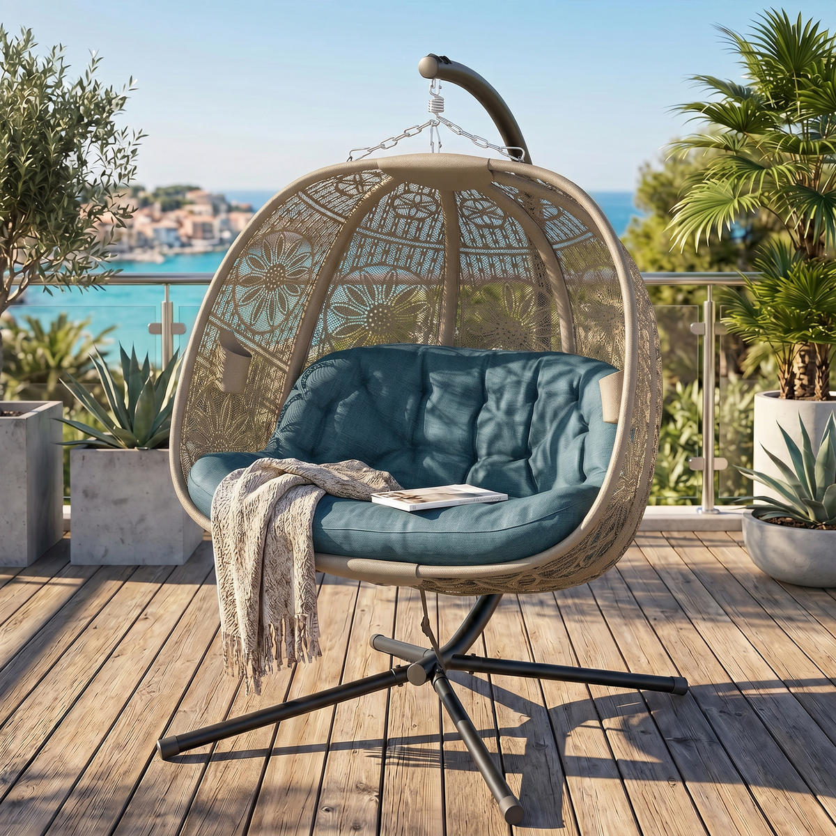 ZÁVĚSNÉ KŘESLO, ocel, polyester, černá - černá/písková barva, kov/plast (126/172/132cm) - Outsunny