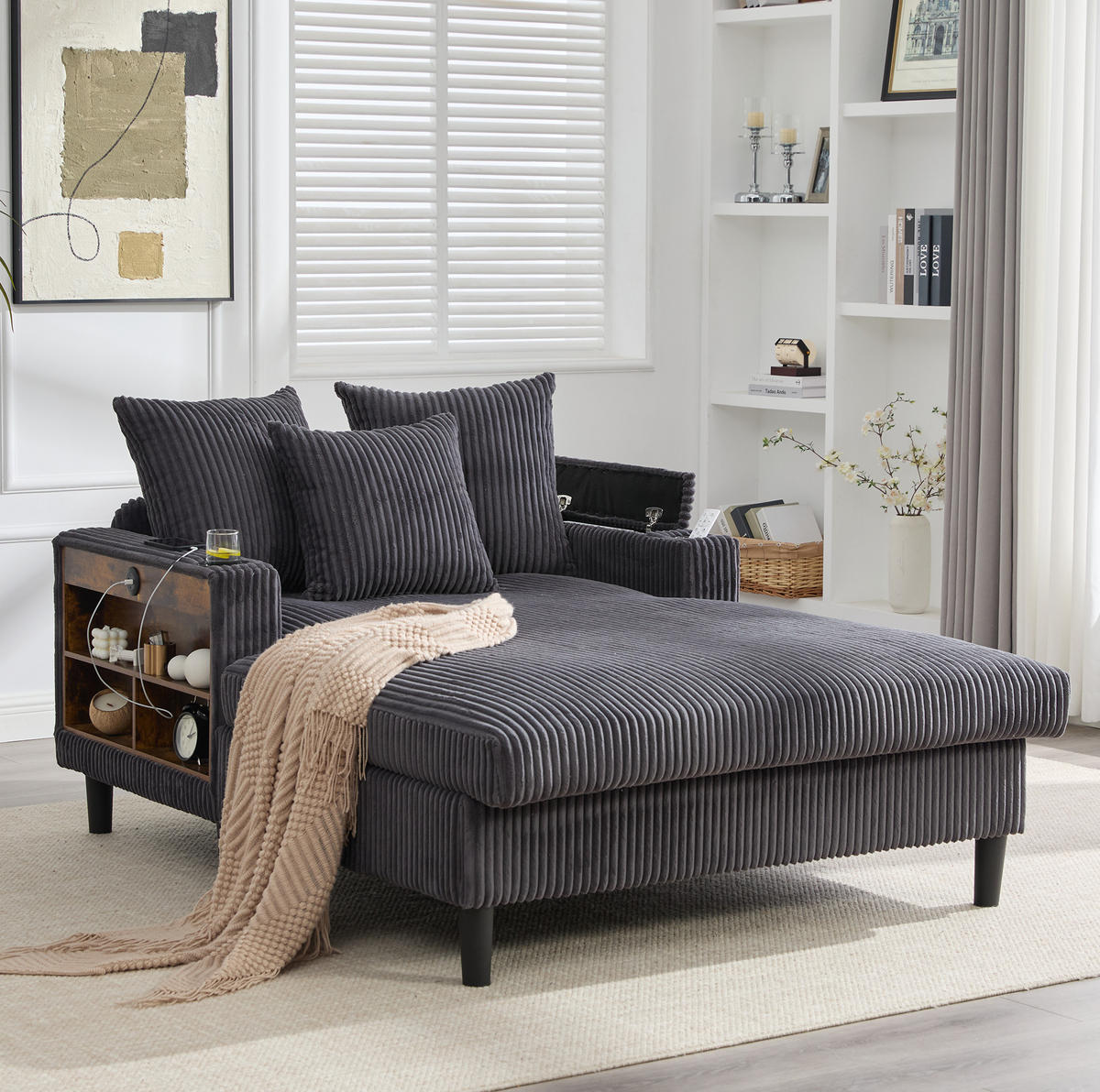 CHAISELONGUE mit Stauraum 129 x 170 cm Corduroy Dark Gray - Dunkelgrau, Holz (170/70/129cm) - Meubliv