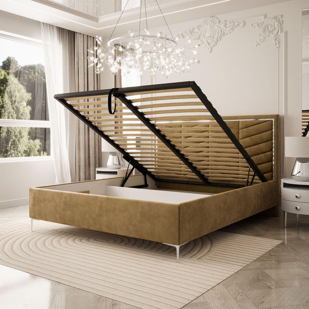 POLSTERBETT AURORA II 140x200 mit Bettkasten French Velvet 654 - Gelb, Textil (140/200cm) - Lookway