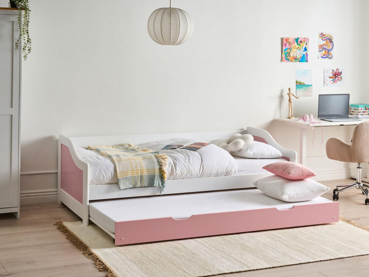 VYSOUVACÍ POSTEL Borovicové dřevo 90/200 cm Růžová Luneray - růžová, dřevo (90/200cm) - Beliani