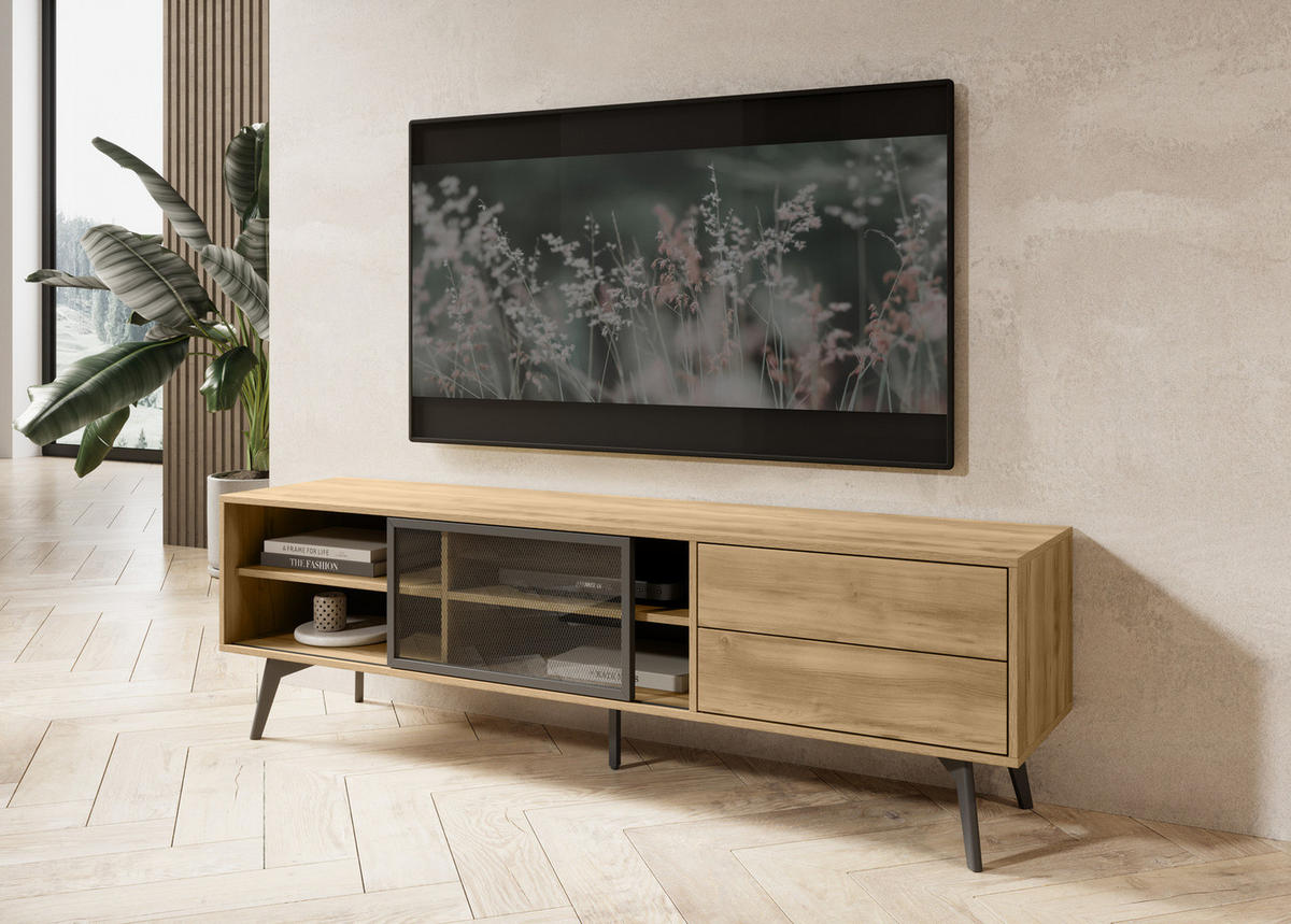 TV-LOWBOARD MOTTI 180 cm (Barock Eiche, Glas-Schiebetür, Push to Open, Schwarze Details) - Eichefarben/Schwarz, Glas/Holz (180/54/39cm) - Ravio