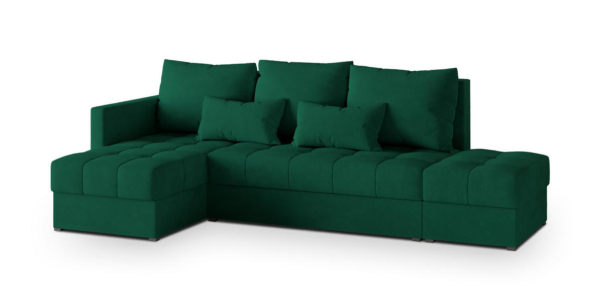 ECKSOFA LUMARI L-S Grün Plüsch-Stoff mit Schlaffunktion - Grün, Holz (262/143cm) - MASSENO
