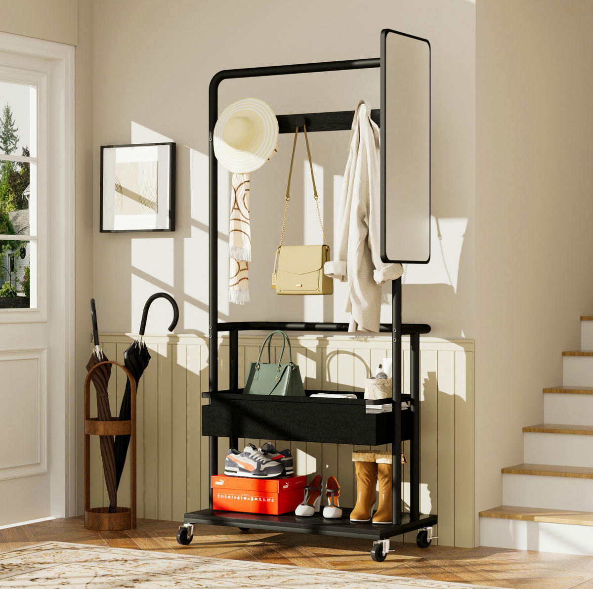 STANDGARDEROBE 70/40/170 cm mit Spiegel, Kleiderstange und Schuhablage in Schwarz - Schwarz, Holzwerkstoff (70/170/40cm) - BEAOK