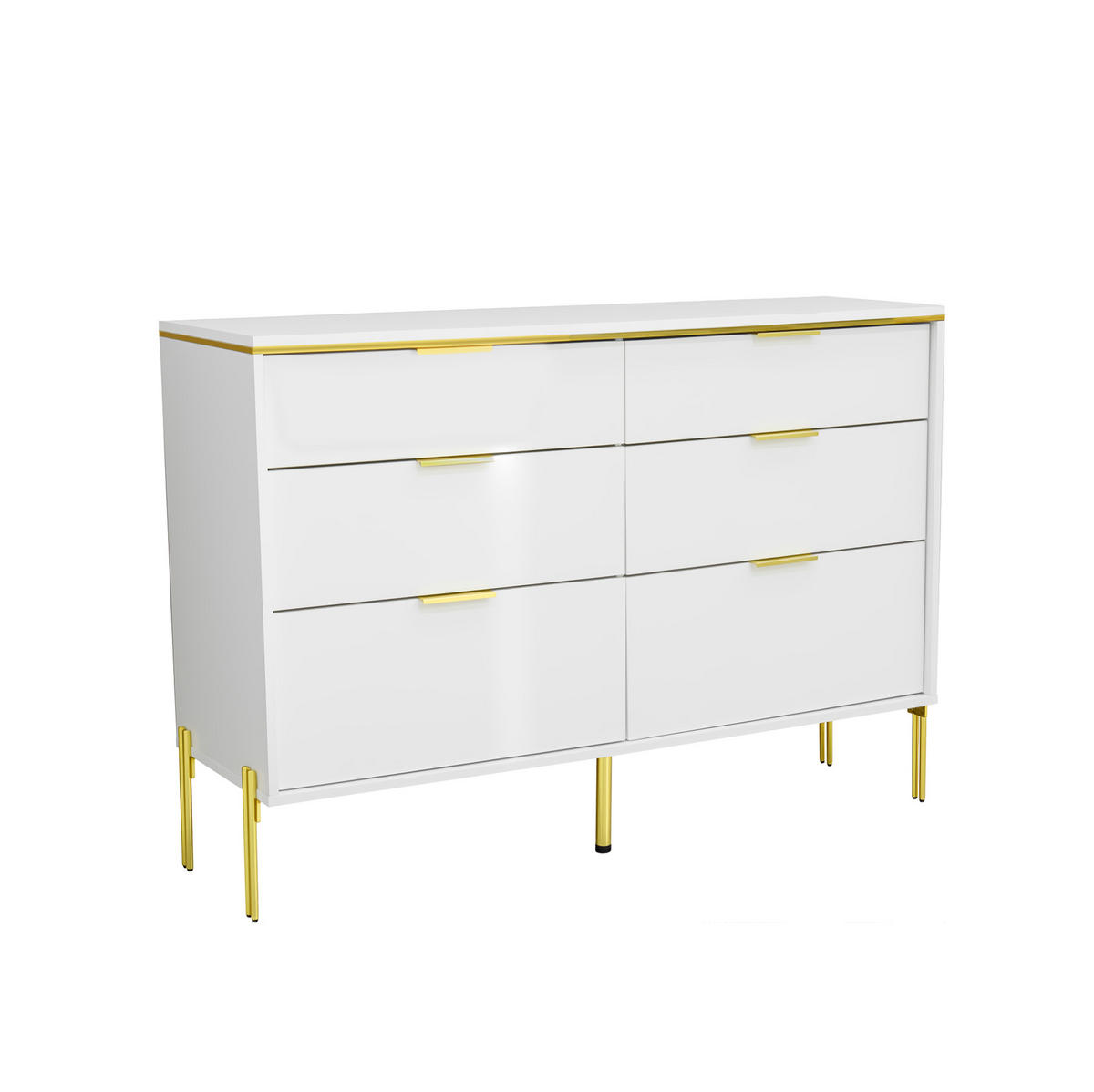 KOMMODE 120/40/85,5 cm mit 6 Schubladen und goldfarbenen Griffen - Weiß, Holzwerkstoff (120/85.5/40cm) - BEAOK