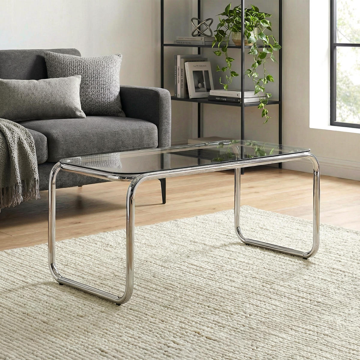 COUCHTISCH Amaya aus Metall im modernen Stil mit schwarzer Glasplatte - Schwarz/Grau, Metall (90.5/45/43cm) - Sicaan