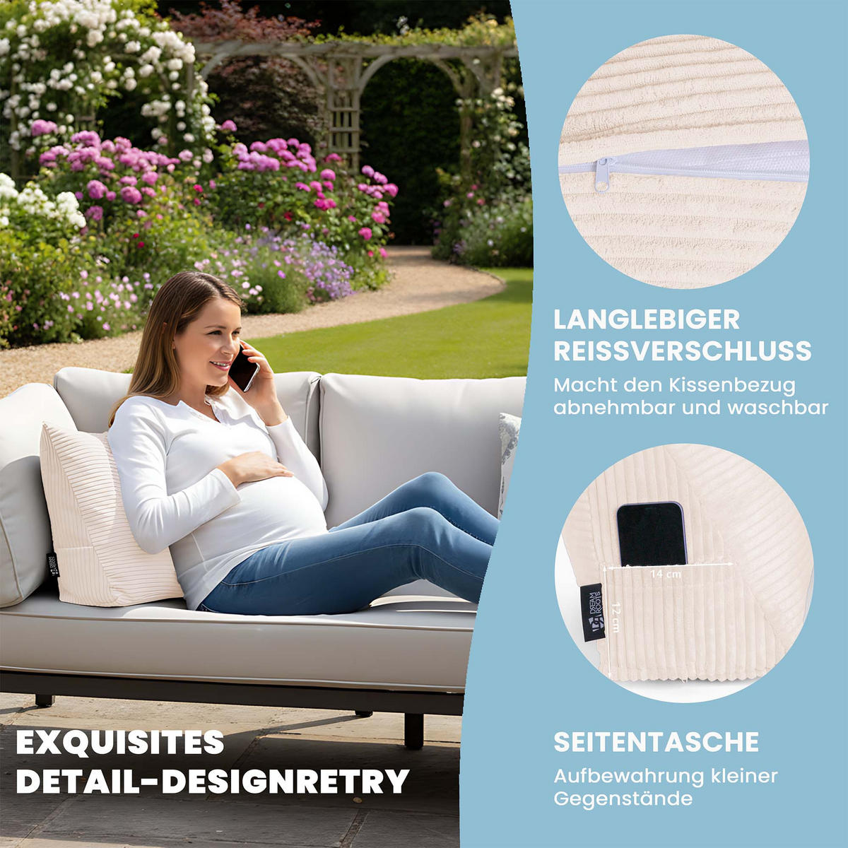 KEILKISSEN Vanilla Ice, 70/40/20 cm, Cord - Creme, Textil (70/20cm) - Dreamroots
