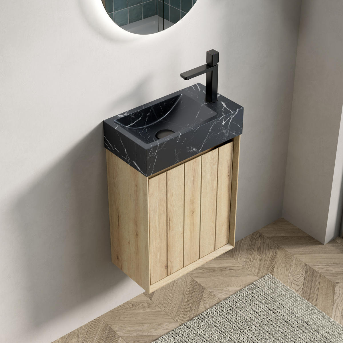WASCHTISCHKOMBI 40 cm Schwarz/Weiß Eiche aus Marmor mit vormontiertem Unterschrank - Eichefarben, Stein (40/58/22cm) - OKMYHOME