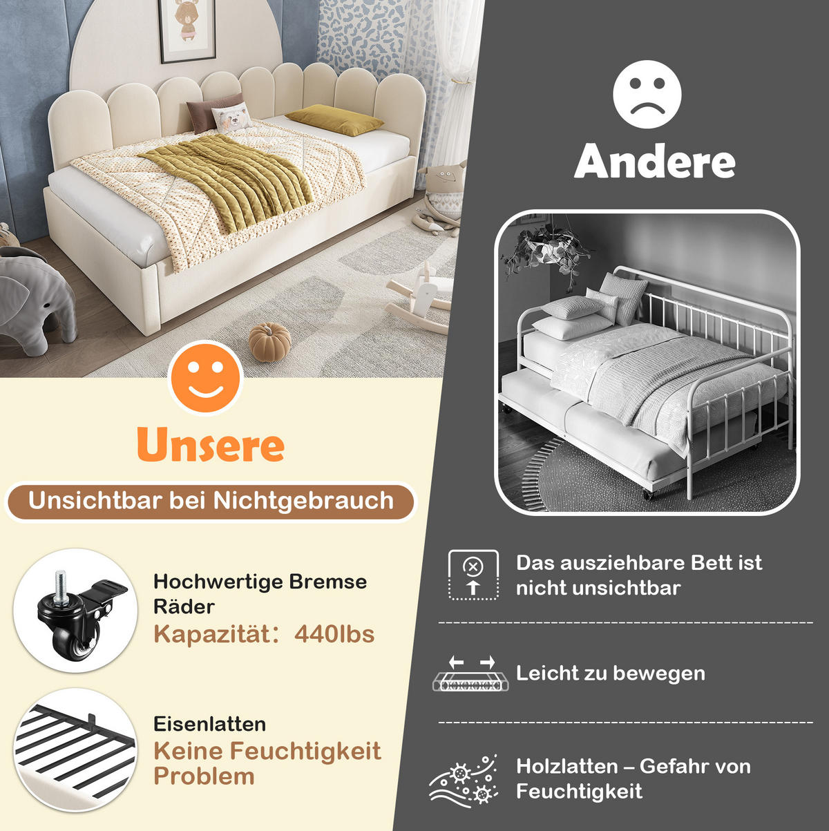KINDERBETT Polsterbett 90/200 cm aus Samt mit Ausziehbett Beige - Beige, Textil (90/200cm) - Modenvie