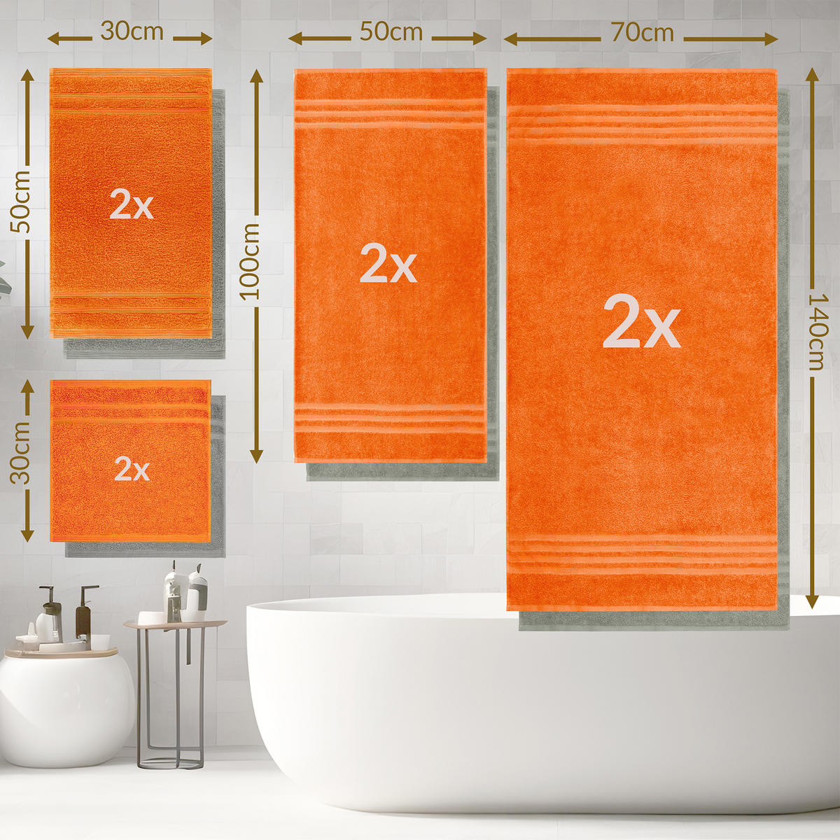 HANDTUCH Set London 8-teilig, 2x Duschtuch 70x140 + 2x Handtuch 50x100 + 2x Gästetuch 30x50 + 2x Waschlappen 30x30 Grau - Orange - Orange/Grau, Textil (70/140cm) - Lashuma