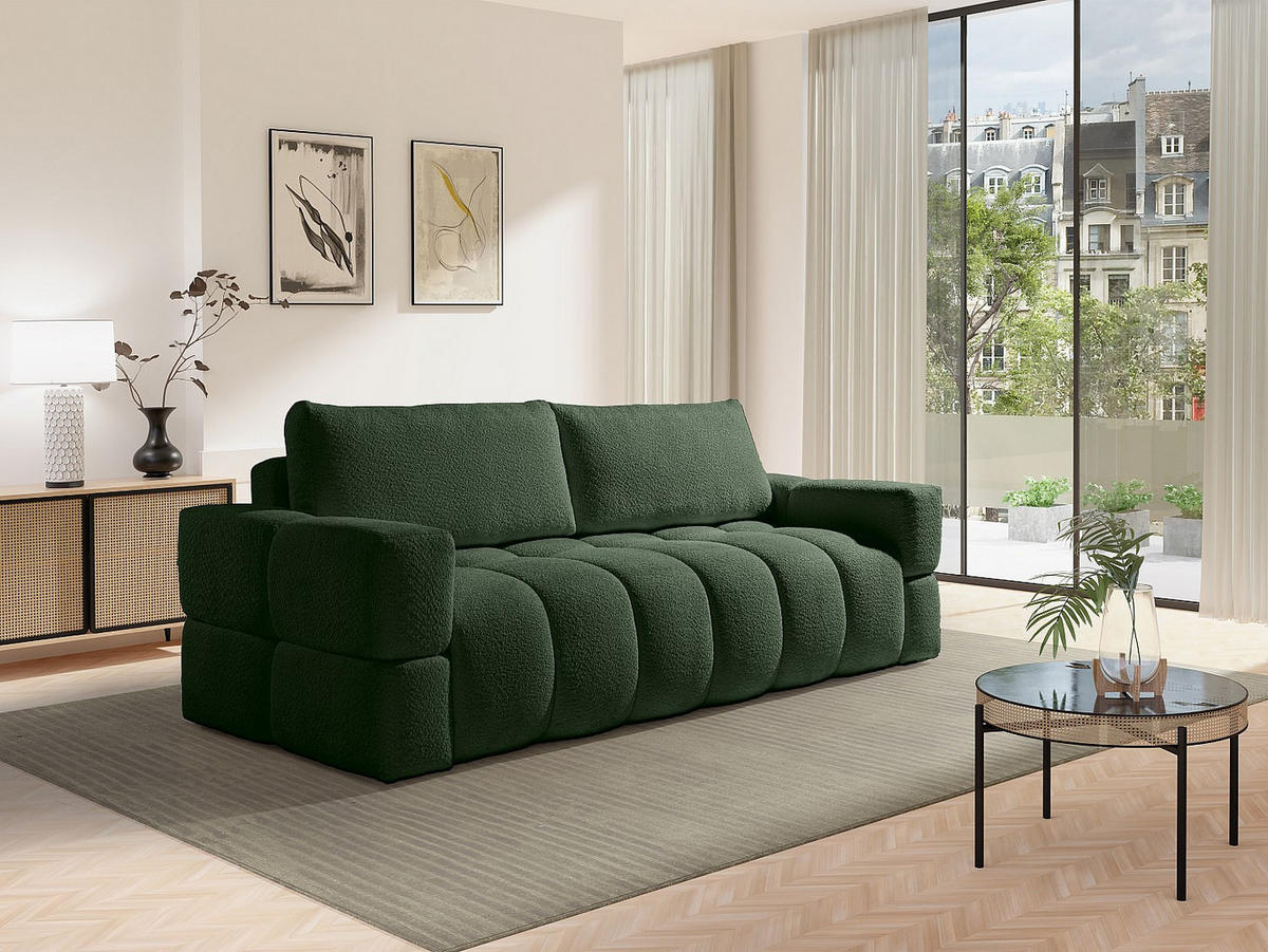SOFA 3-Sitzer mit Schlaffunktion - Bouclé-Stoff - Grün - ISSORO II - Grün, Textil (252/107/107cm) - Vente-Unique