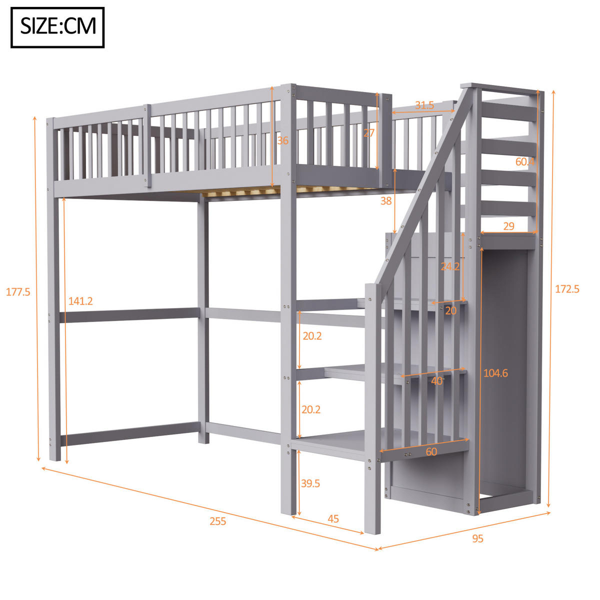 ETAGENBETT 90/200 cm in Grau mit Treppe, Kleiderschrank und Stauraum - Grau, Holz (90/200cm) - Flora Grace