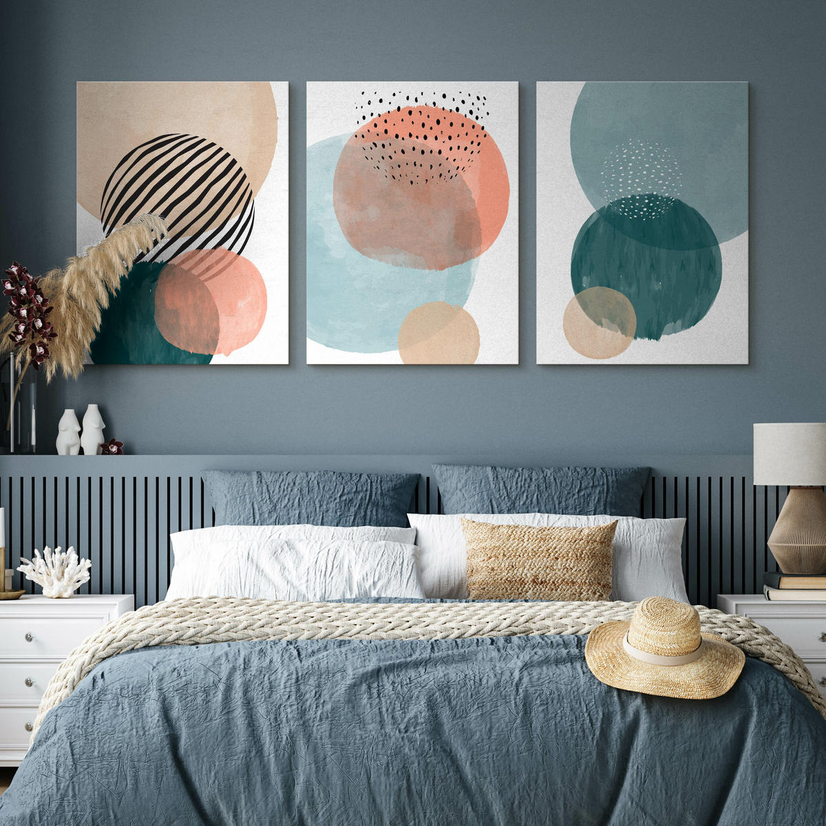 LEINWANDBILDER 3-er Set Aquarell Kreise - Türkis/Blau, Textil (90/40cm) - Muralo