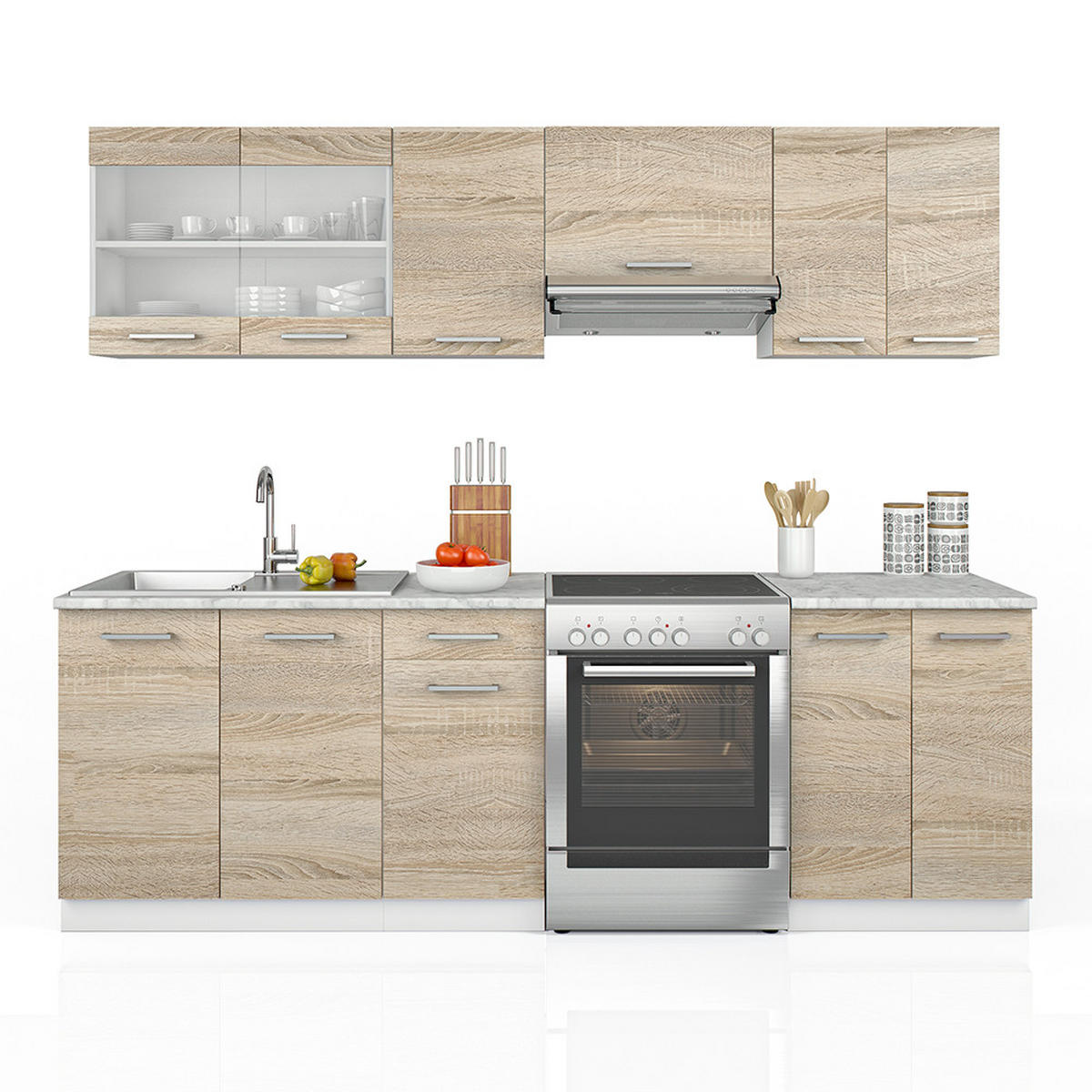 KÜCHENZEILE Raul Sonoma 240 cm, AP Marmor - Weiß/Sonoma Eiche, Holzwerkstoff (240/81.6/60cm) - Vicco
