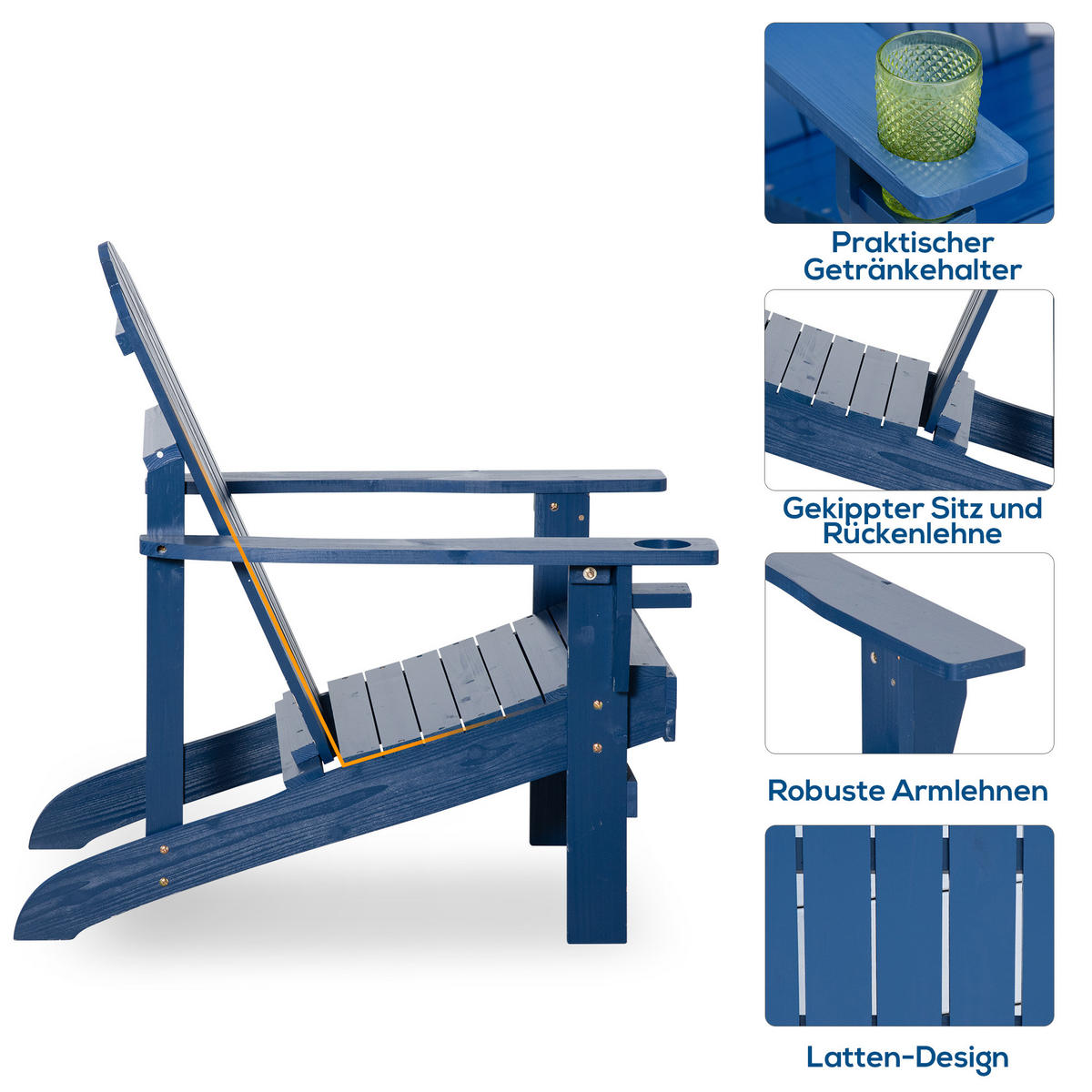 ADIRONDACK-GARTENSTUHL, mit Becherhalter, Gartenliege, Balkonstuhl, Massivholz, Blau - Blau, Holz (95/93/72cm) - Outsunny