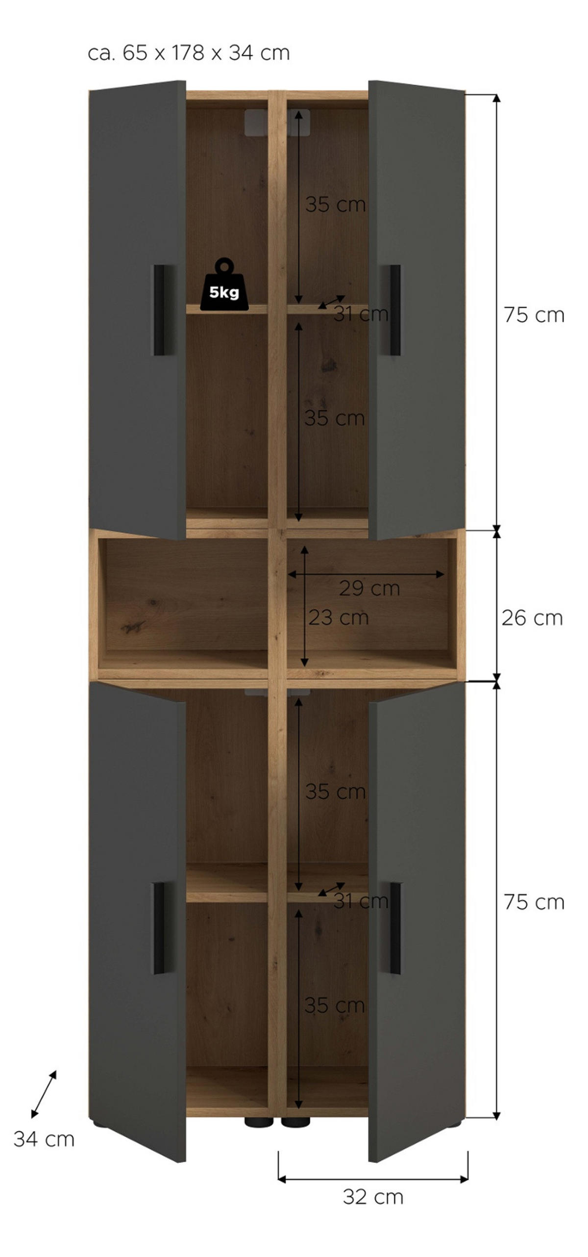 STAURAUMSCHRANK grau, Eiche Artisan 65 x 178 cm, Mehrzweckschrank mit viel Stauraum - Schwarz/Eiche Artisan, Holzwerkstoff/Kunststoff (65/178/34cm) - Inn.Furn