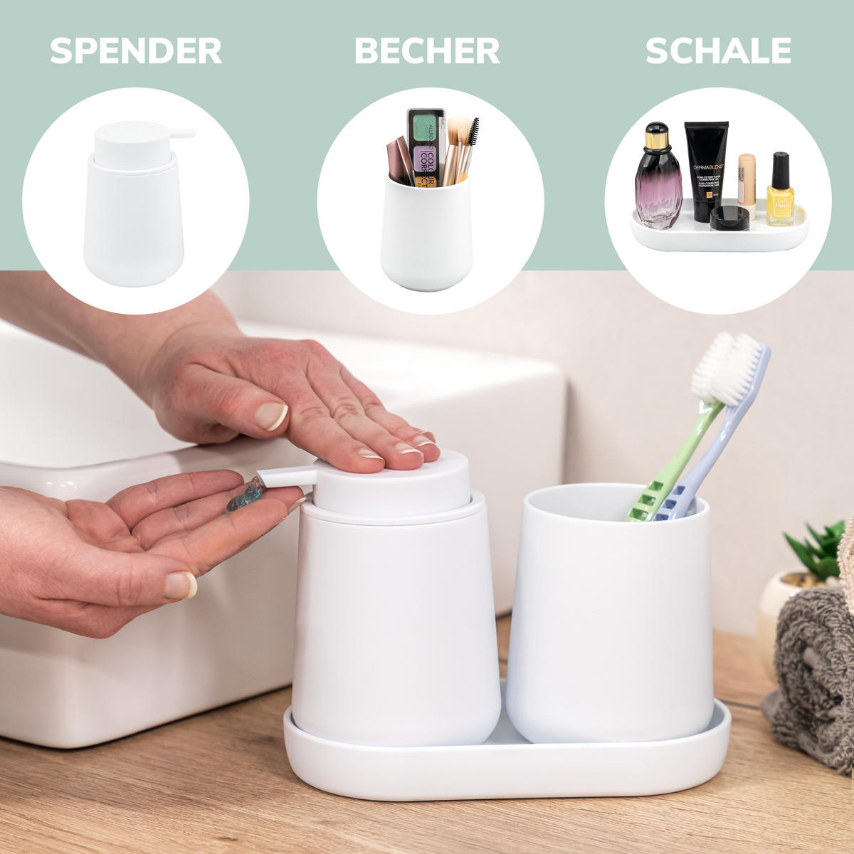 BAD-ACCESSOIRES-SET TESERO, Soft-Touch, weiß - Weiß, Kunststoff (22.5/25.5/25cm) - eluno