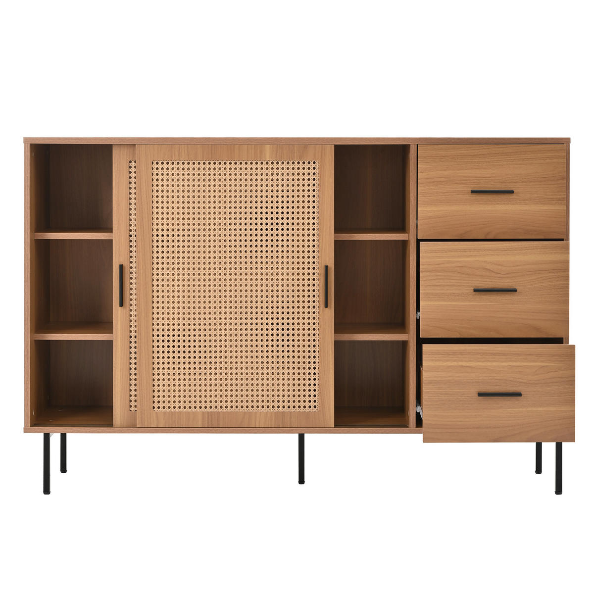 SIDEBOARD aus Spanplatte 140x37x91 cm Natur mit Rattan-Schiebetüren und 3 Schubladen - Naturfarben, Holzwerkstoff (140/91/37cm) - IVMEU
