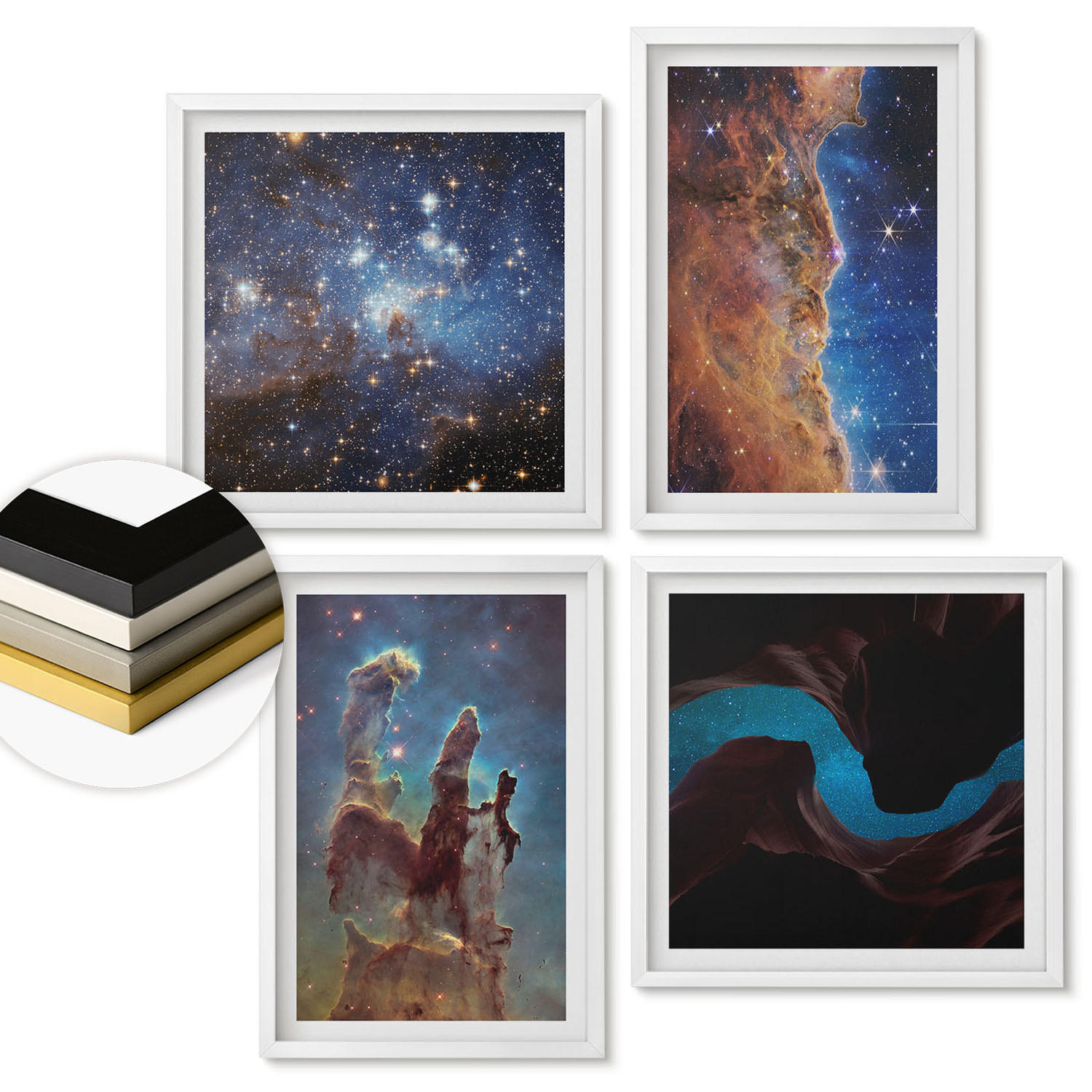 WANDBILDER 4er-Set - 50x50 cm & 40x60 cm Weißer Rahmen - Weltraumlandschaften von Galaxien - Weiß, Kunststoff (50/50cm) - ArtPrintCave